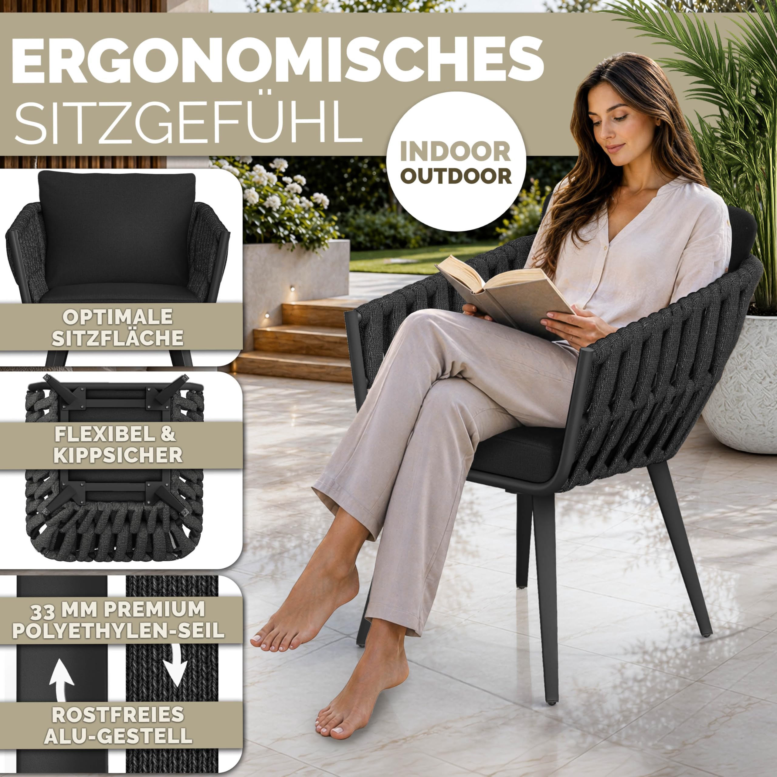 tillvex® Gartenstuhl 6er Set Wetterfest mit Armlehne | Outdoor Stühle bis 160kg belastbar | Gartenstühle UV-beständig | Terrassenstuhl Sessel Gartenmöbel Terrasse Balkon Garten
