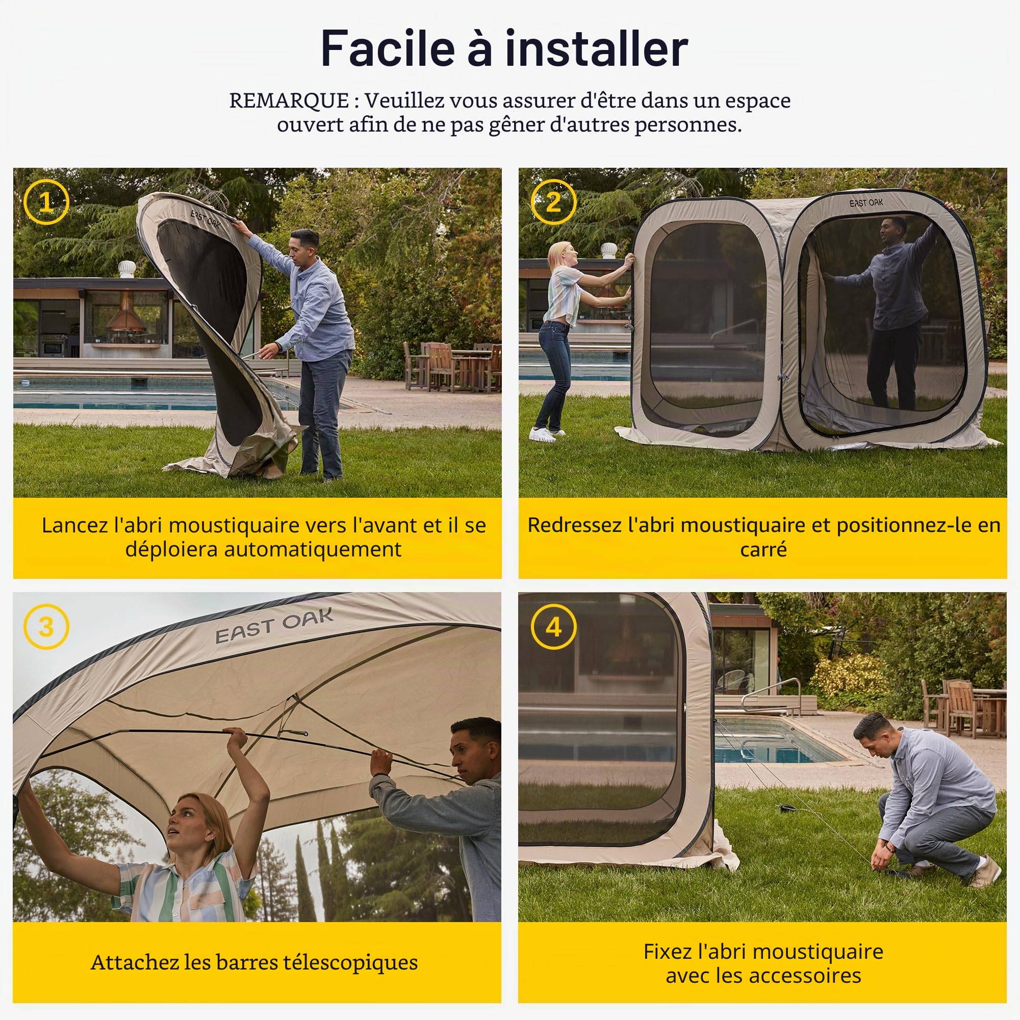 East Oak Tonnelle Pliante 1,7x1,7M, Pop-up Gazebo pour 2-3 Personnes, Barnum Pliant de Jardin, Chapiteau Exterieur, Protection UPF 50+, Ventilation à 360°, Anti-moustiques, avec Sac de Transport