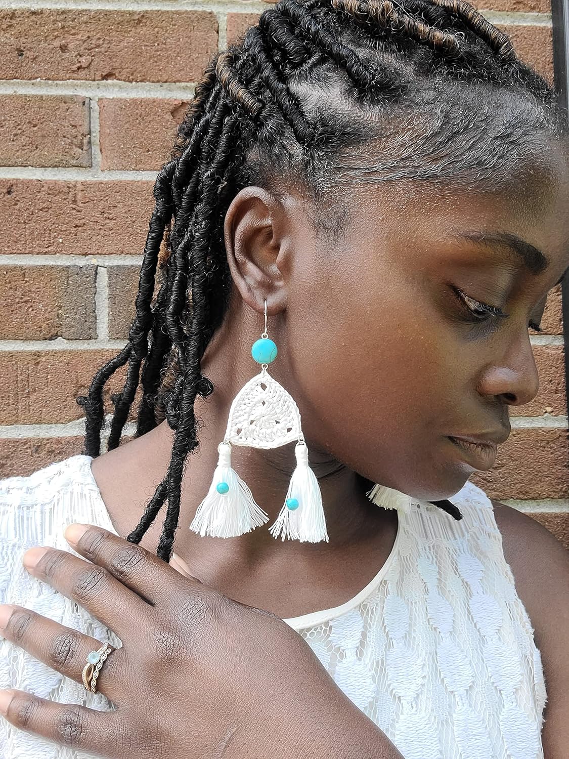 White Statement Dangle Tassel Earrings with Turquoise Beads for women Western jewelry large long