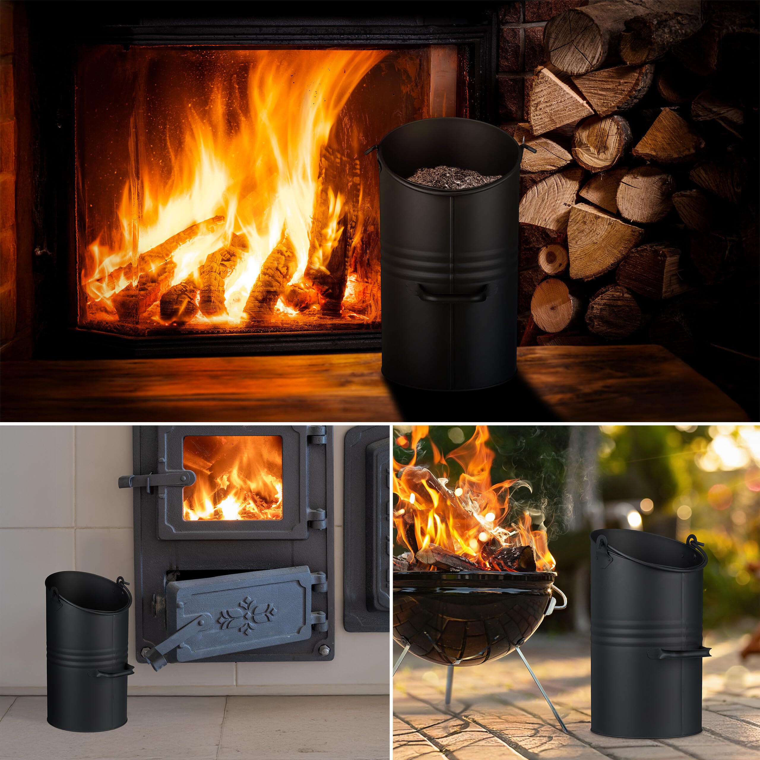 Relaxdays Cubo de Carbón 12 L, Hierro, Recipiente para Pellets con 2 Asas, Recogedor de Cenizas Chimenea, Metal, Negro