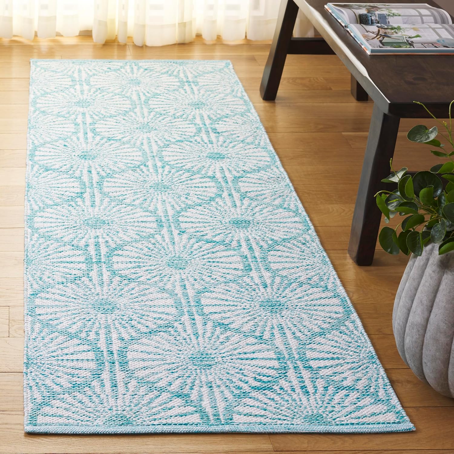 SAFAVIEH Montauk Collection Runner Rug - 2'3" x 7', Aqua & Ivory, Handmade Cotton, Ideal for High Traffic Areas in Living Room, Bedroom (MTK606H)