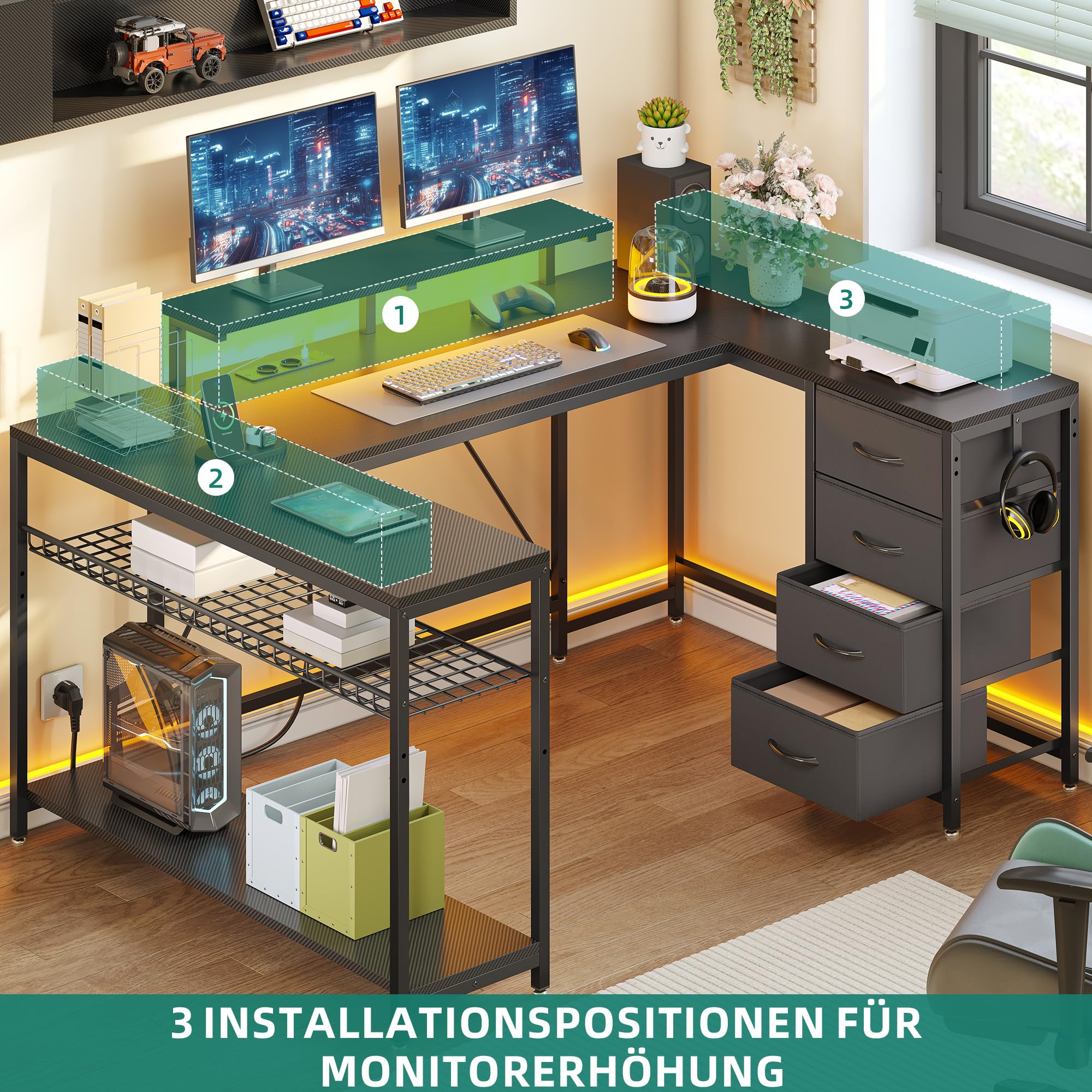 YITAHOME Eckschreibtisch mit 4 Schubladen & Stauraum, 158 x 100cm Gaming Schreibtisch mit LED & Monitorständer für Home Office, Reversible Eck Schreibtisch mit 2 Steckdosen und USB, Schwarz