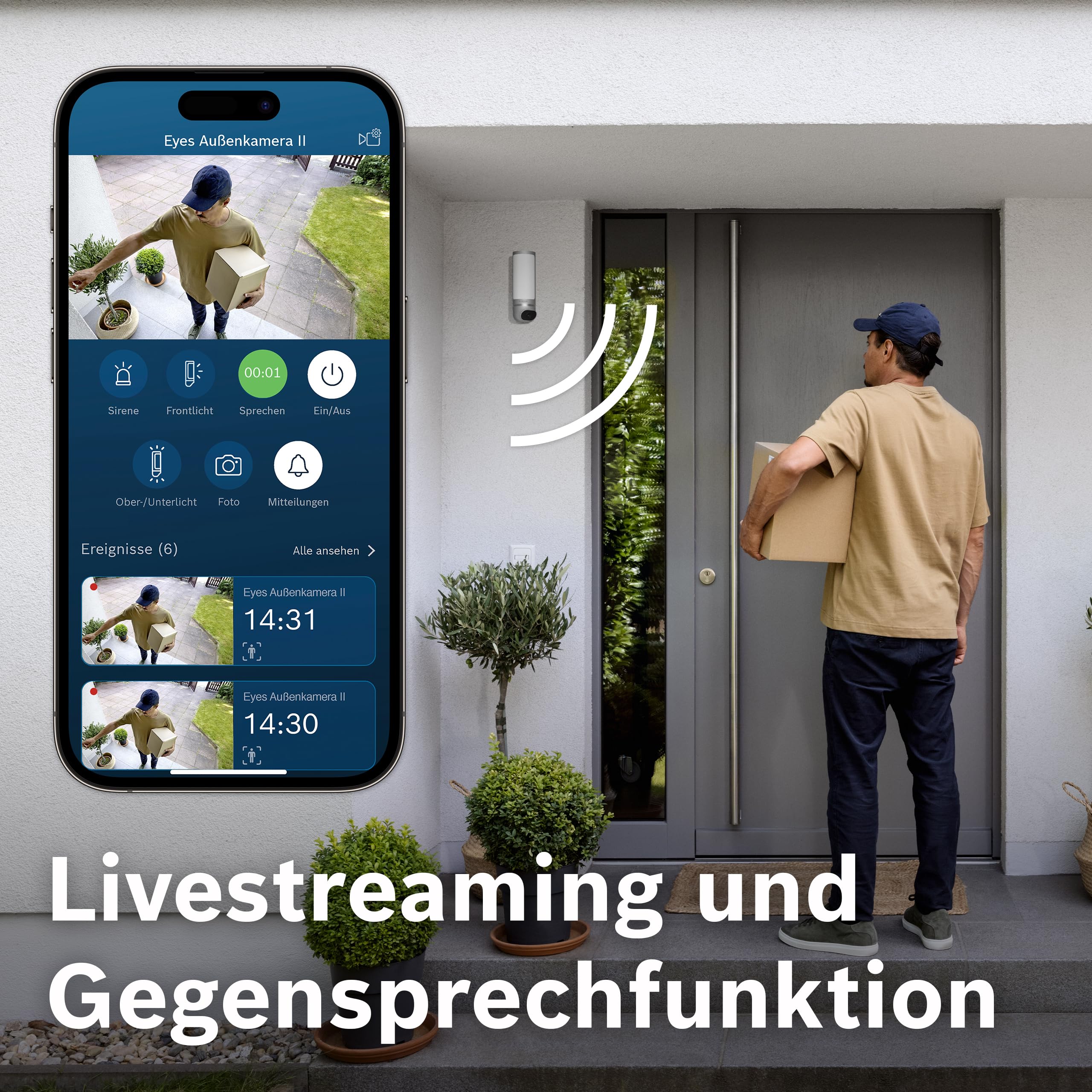 Bosch Smart Home Außenkamera II, Überwachungskamera Außen, 1080p Full-HD Auflösung mit integrierter Alarmsirene und Design-Leuchte, kompatibel mit Amazon Alexa, Silber