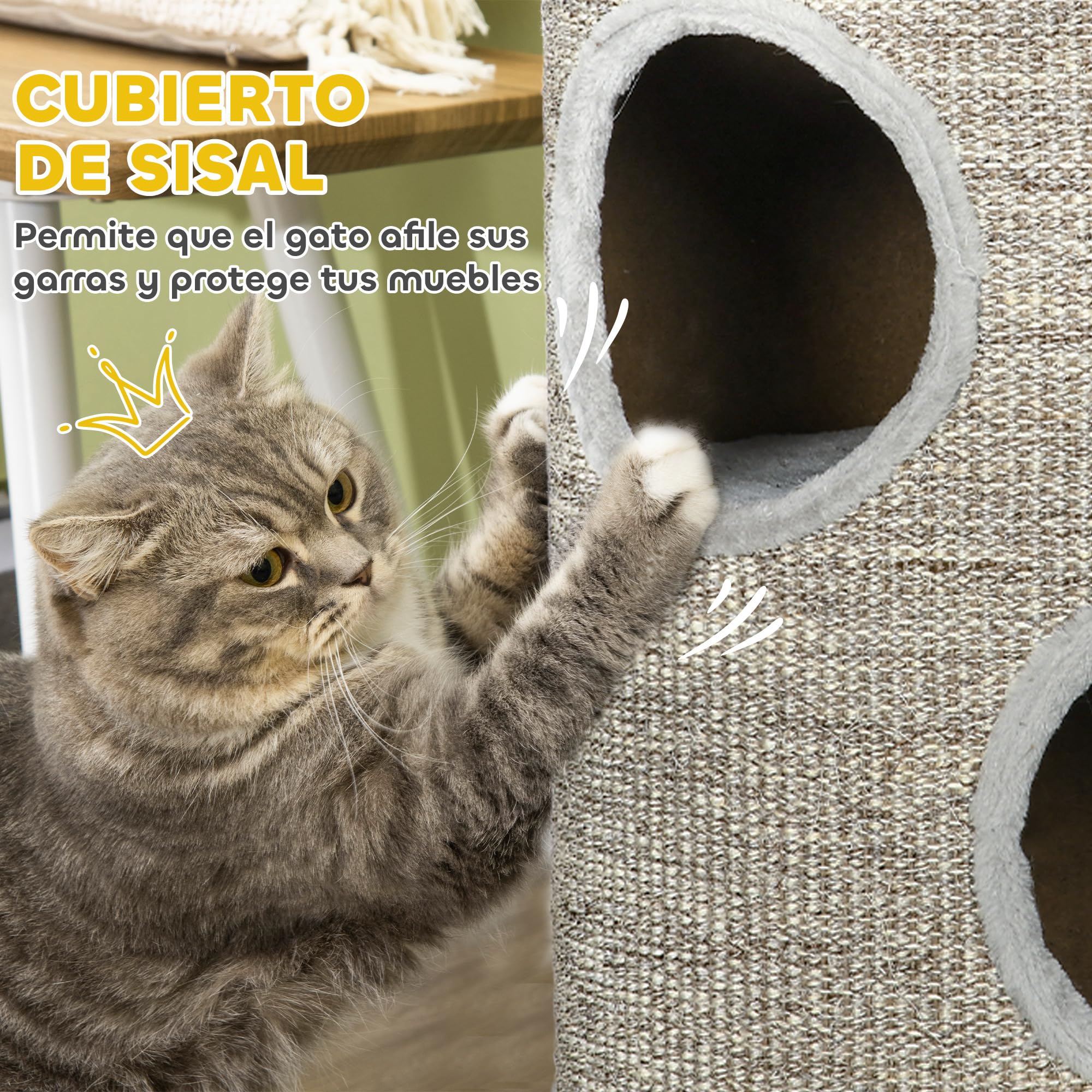 PawHut Barril Rascador para Gatos de 3 Niveles Torre Rascador para Gatos con 3 Entradas y Cubierta de Sisal Ø38x70 cm Gris Claro