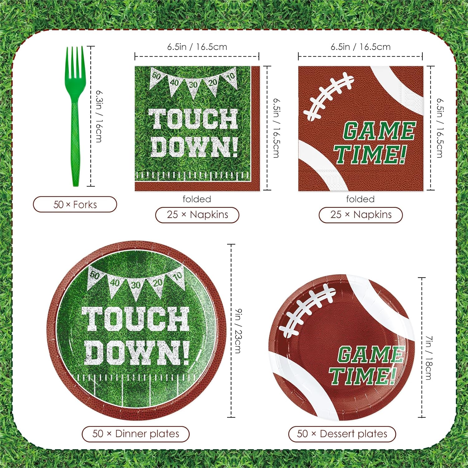 YY 200 Football Party Paper Plates Dinnerware Set Disposable Dessert Plates, Dinner Plates with Napkins Forks Serve 50 - Image 2