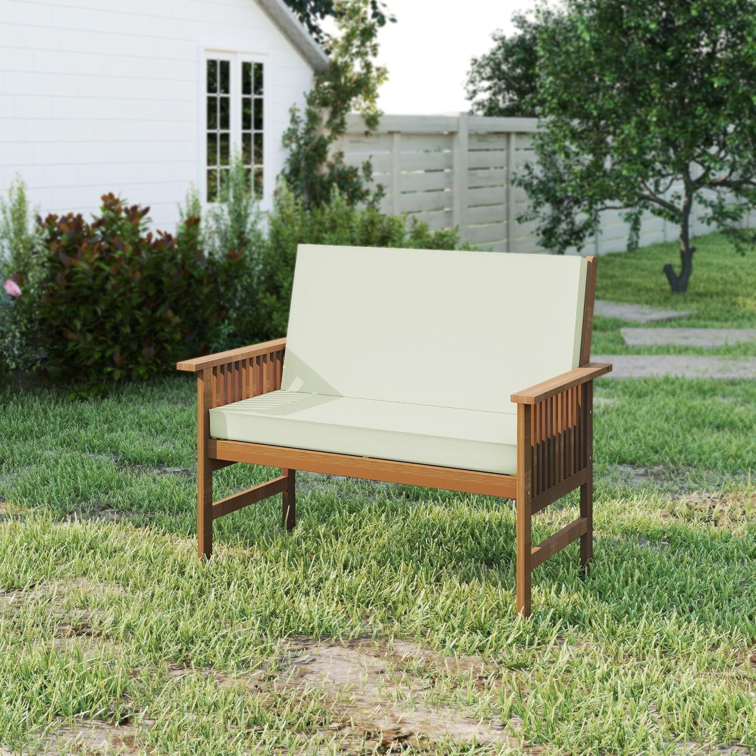 Patio Outdoor Bench with Cushion Treated with Teak Oil, Full Back Cushion