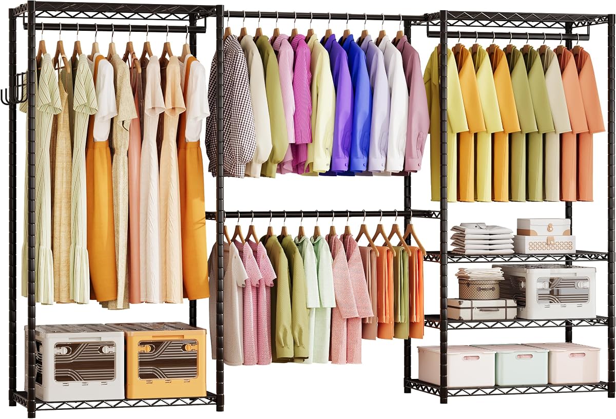 ecobedding Heavy Duty Garment Rack, 900LBS Max Load Freestanding Closet Organizer with 6 Storage Shelves & 3 Adjustable Hanging Rods, Multifunctional, Glossy Black, 15.75" D x 70-88.5" W x 76.5" H