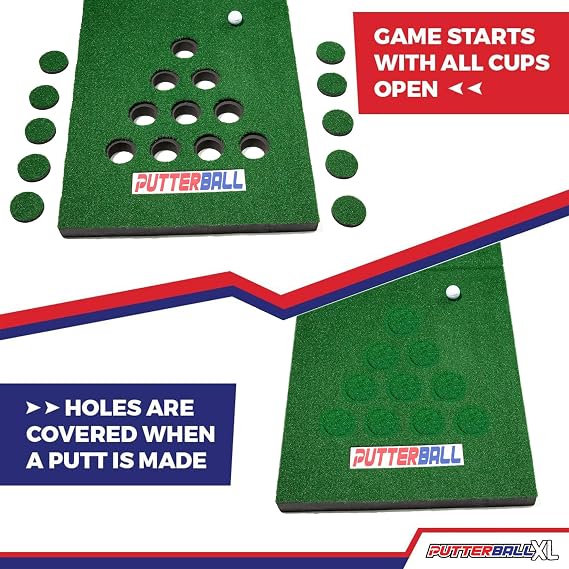 PutterBall XL Golf Game Set The Original 10 Cup Putting Pong Edition with 2 Putters, 2 Balls, Green Mat and Hole Covers Fun Putter Golf Game for Backyard, Office, Indoor Outdoor Parties