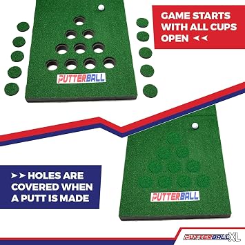 PutterBall XL Golf Game Set The Original 10 Cup Putting Pong Edition with 2 Putters, 2 Balls, Green Mat and Hole Covers Fun Putter Golf Game for Backyard, Office, Indoor Outdoor Parties