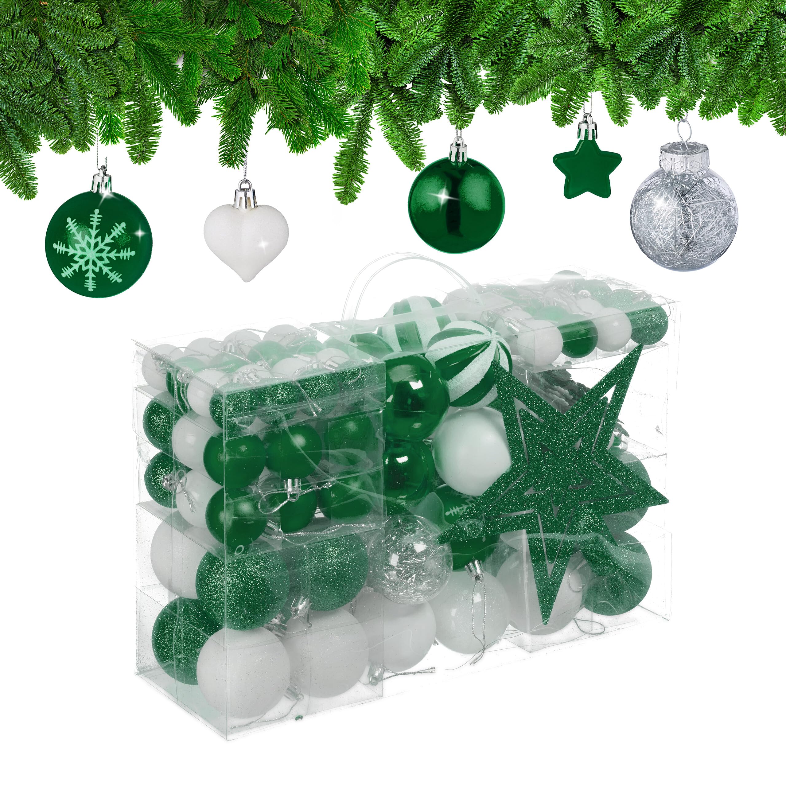 Relaxdays Christmas Ornaments, Set of 101, Glittering, Tree Decorations, Baubles & Stars, Plastic, Traditional, Green
