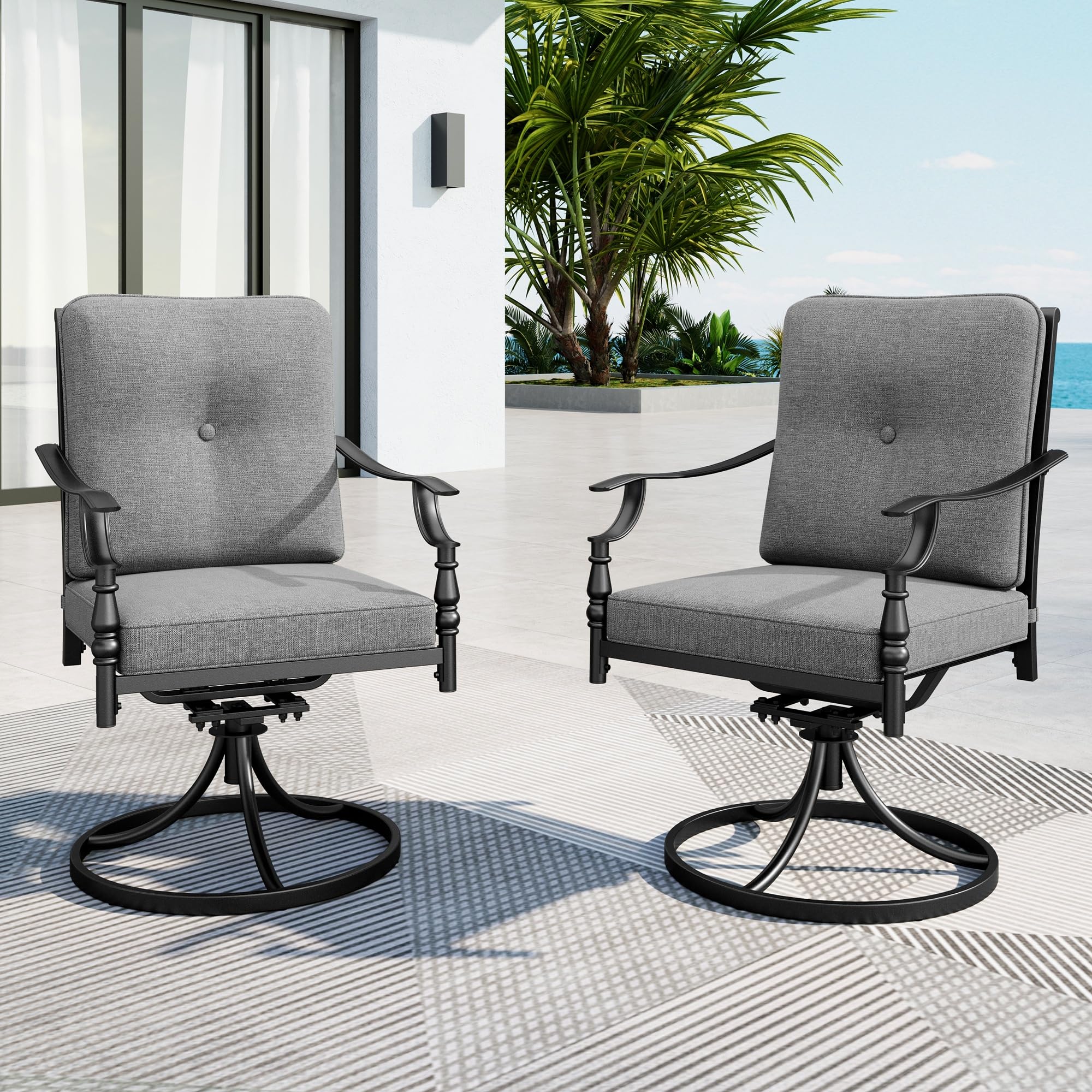 MFSTUDIO Patio Swivel Chairs Set of 2, Outdoor Dining Chairs with Cushions, Heavy Duty Patio Chairs for Deck Backyard Lawn Garden, Metal Frame, Grey