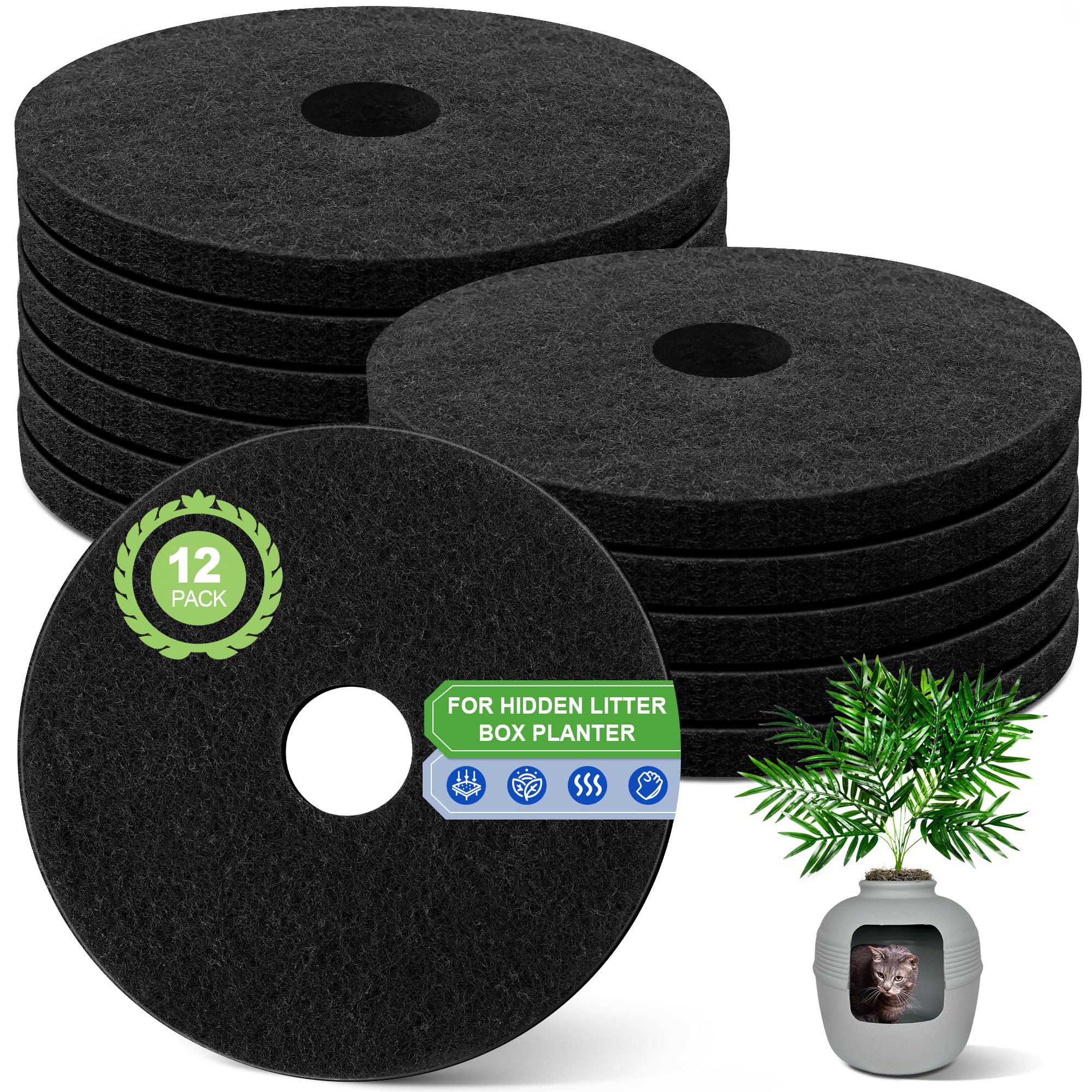 Saillong 12 Pack Cat Litter Box Replacement Carbon Filters for Hidden Cat Litter Box Planter, Activated Carbon Charcoal Filters Long Lasting Odor Absorbing, Absorbing Odor, Keep Home Fresh