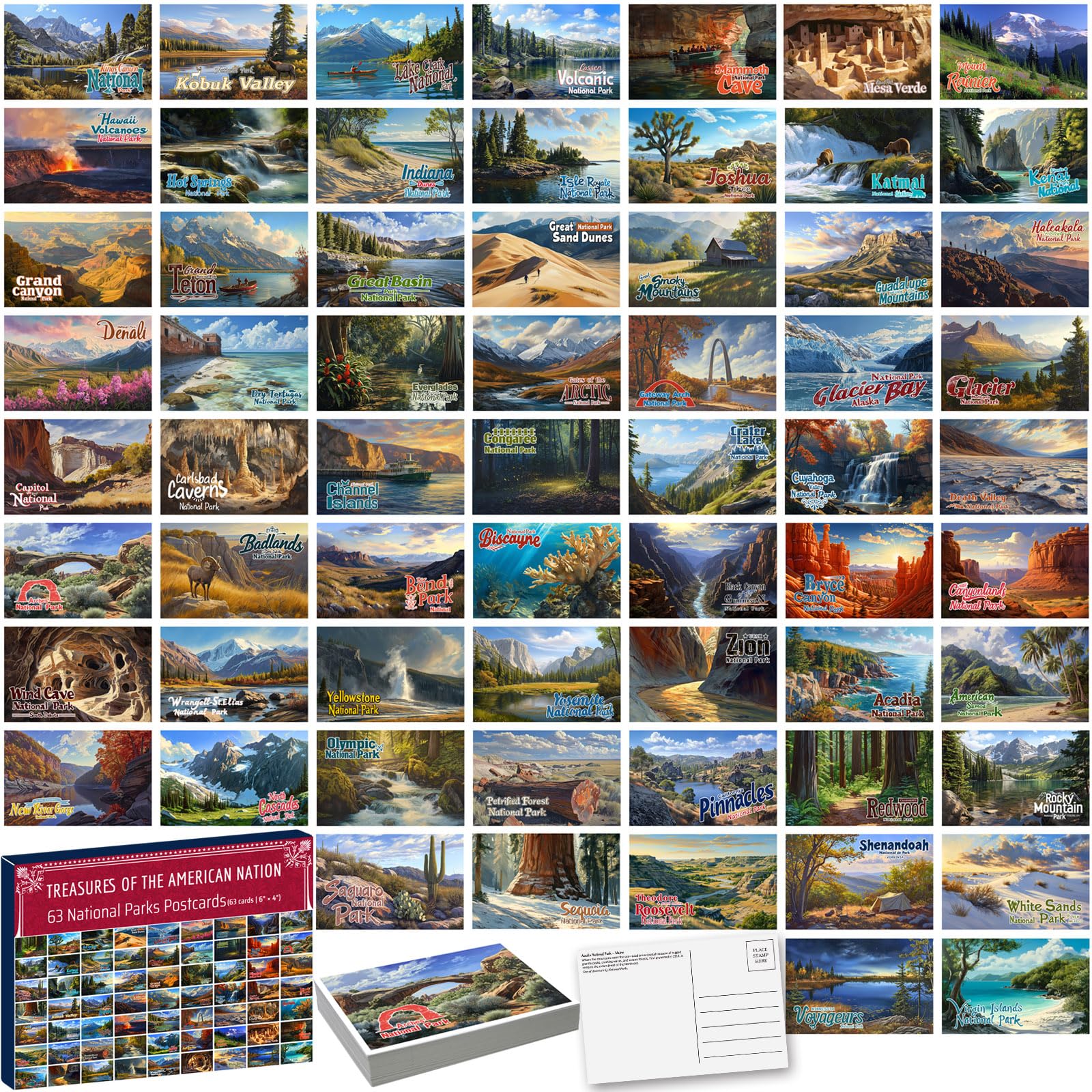 63 Illustrated US National Parks Postcard Set, Travel Poster Style, Variety Pack for Mailing, Teachers, Students and Collectors, 4x6 Inch, 300GSM Cardstock
