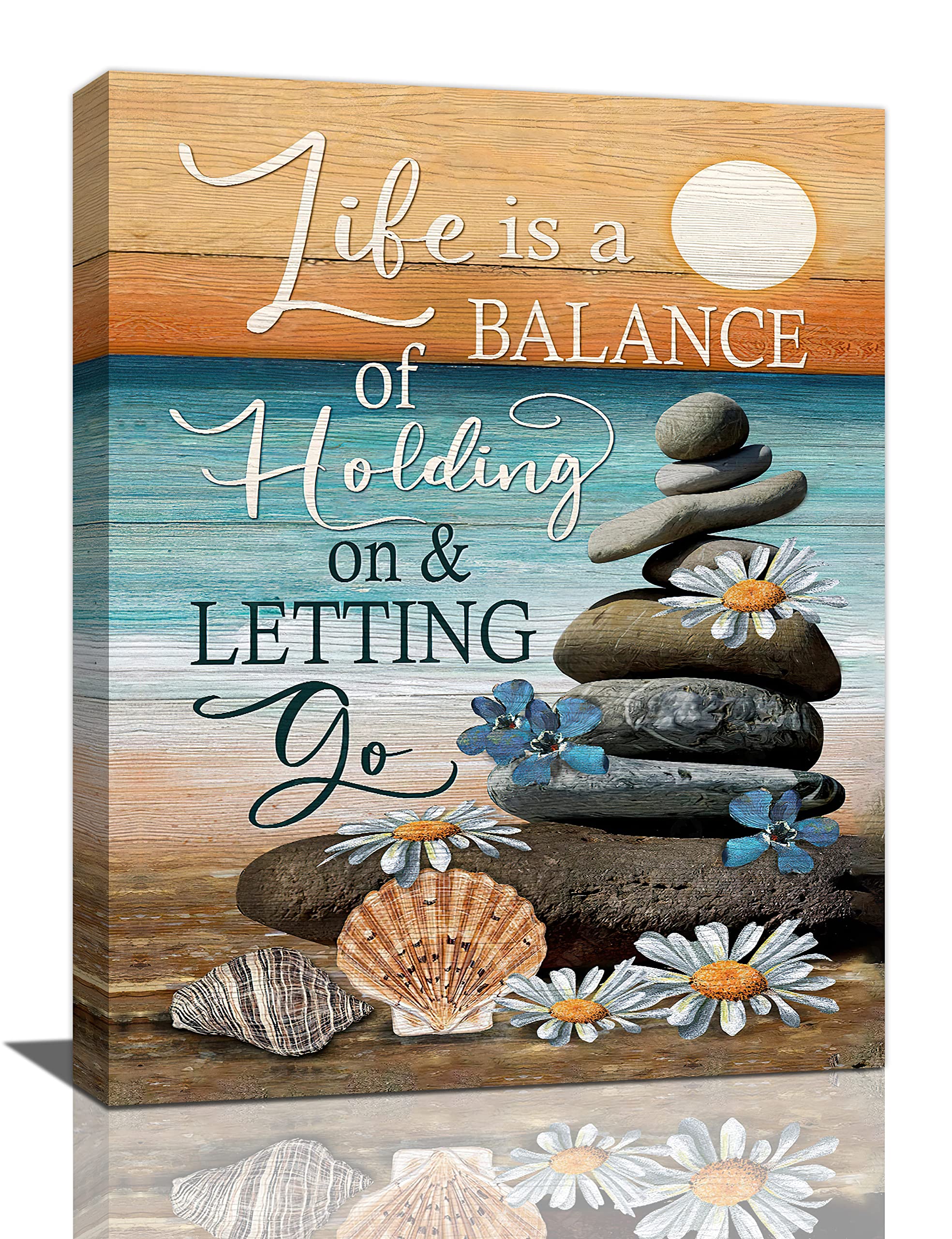 Tijuboni Beach Stone Coastal Beach Canvas Wall Art Ocean Sunset Zen Stones Seashells Daisy Wall Decor Inspirational Life Quotes Pictures Painting Prints Framed Artwork Decor For Bedroom Bathroom Living Room 12"X16"