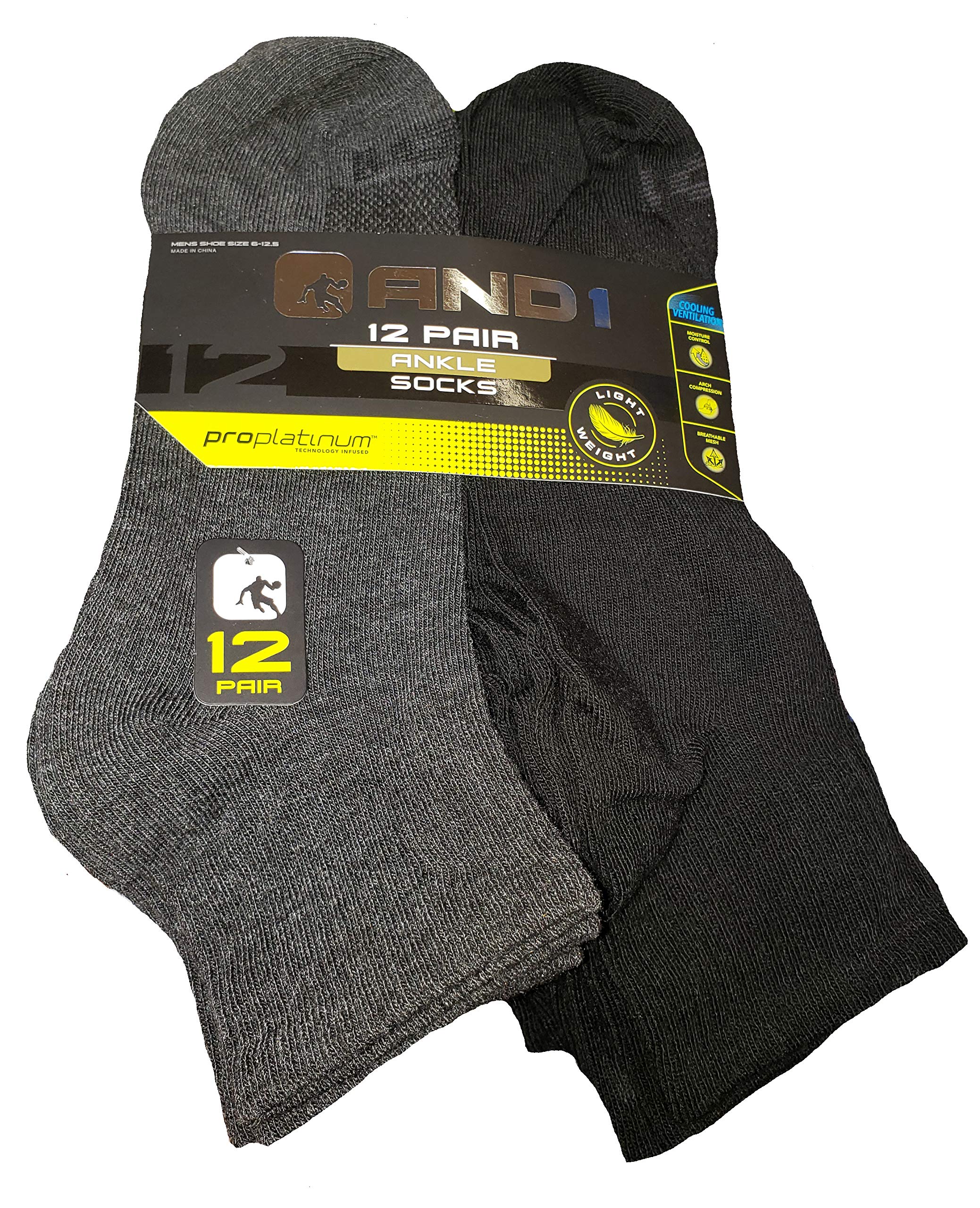 AND1Assorted Colors 12 Pair Light Weight ProPlatinum Ankle Socks