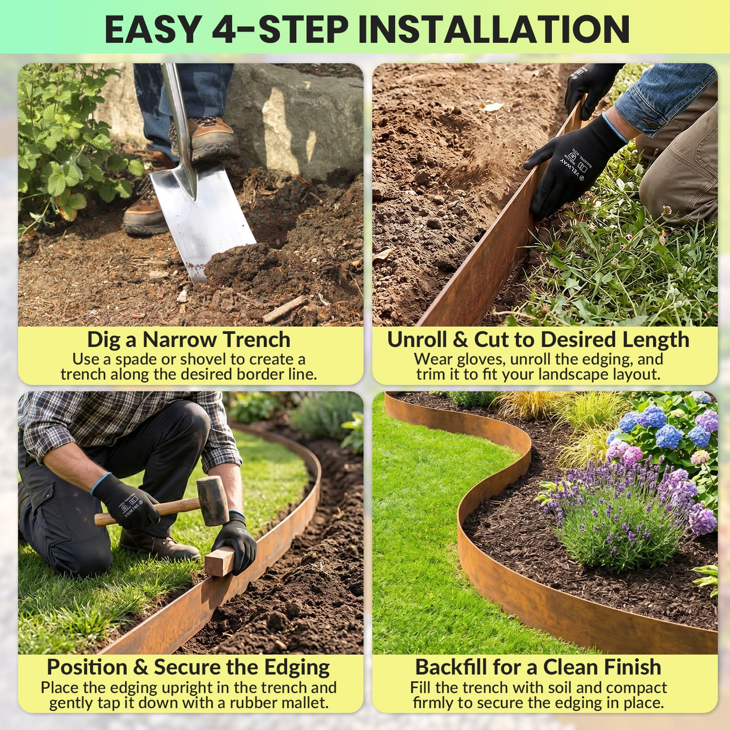 Velway Bordura Acero Corten 10m x 14cm Borde Metálico Jardín Efecto Óxido | Separador de Césped, Grava y Parterres | Fácil Instalación, Incluye Guantes