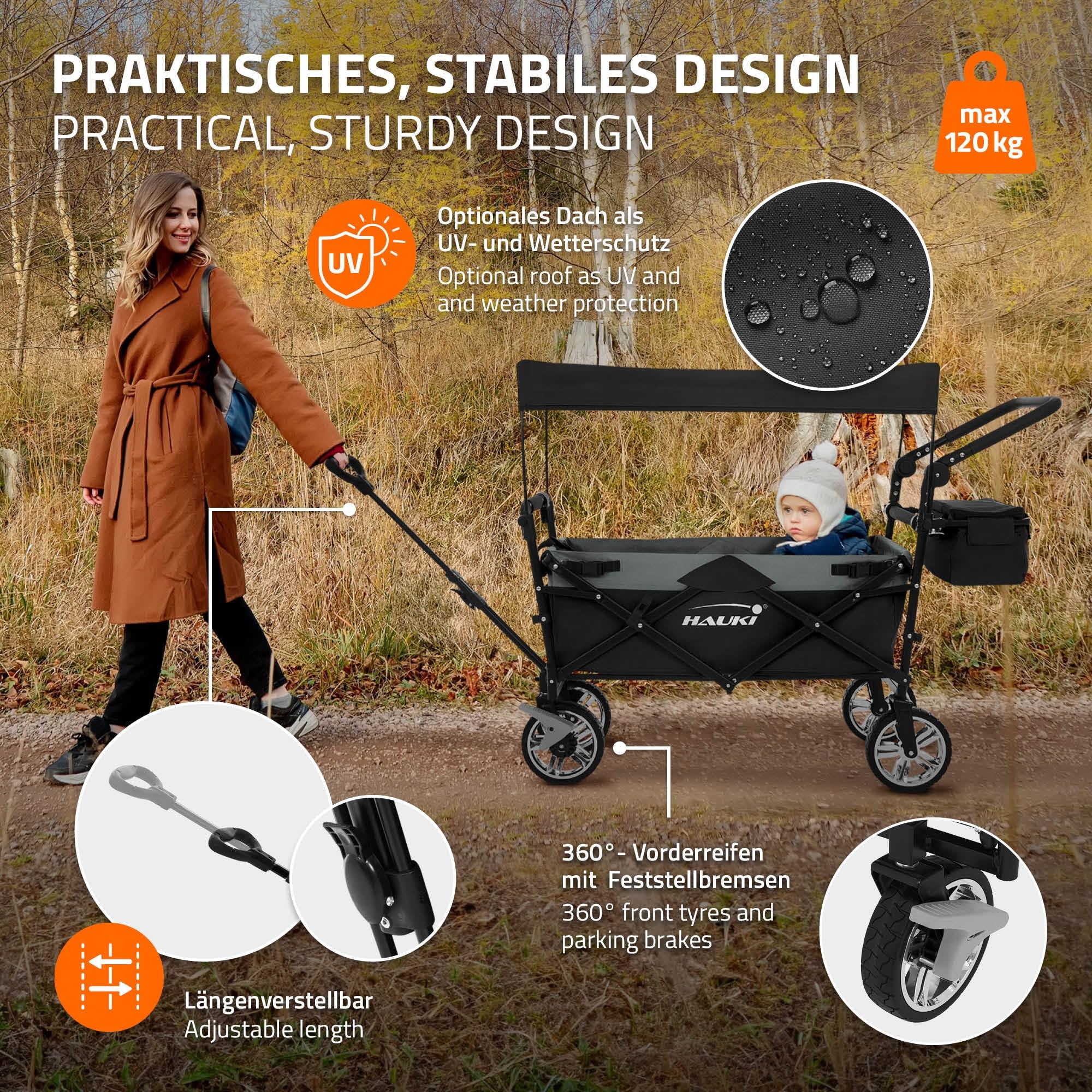 Hauki Carro de Mano Plegable con Toldo para la Playa, Negro-Gris, Transporte de hasta 120 kg para Niños o de Equipamiento Incl. 2 Bolsillos de Malla y 1 Bolsa Exterior, Remolque con Freno en Rueda