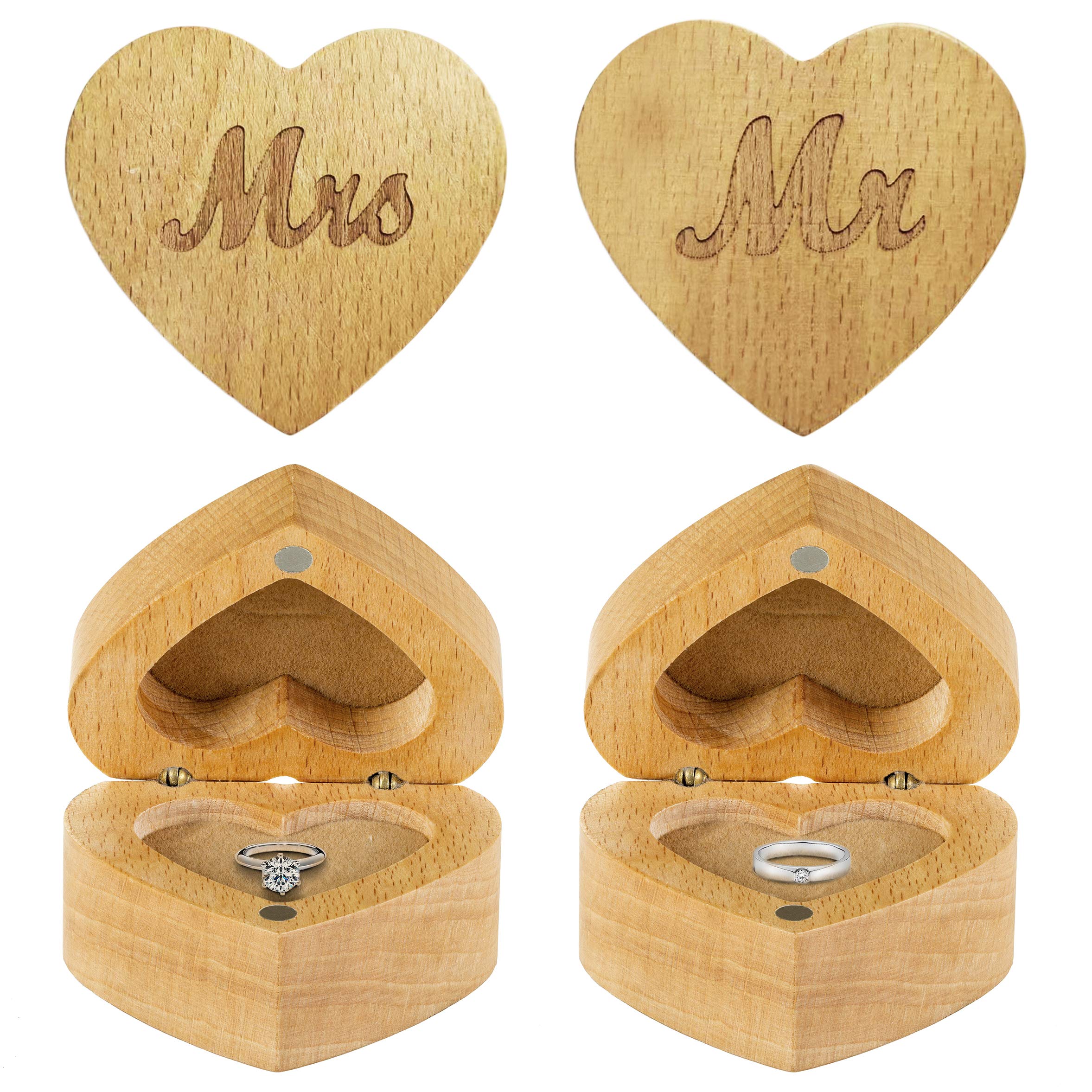 Strova Heart Shaped Wooden Ring Box for Wedding Rings – Set of 2 with Engraved Mr. & Mrs. Lettering – Ring Bearer Box for Display or Personal Organizer – Burlap Cushions and Magnetic Closure