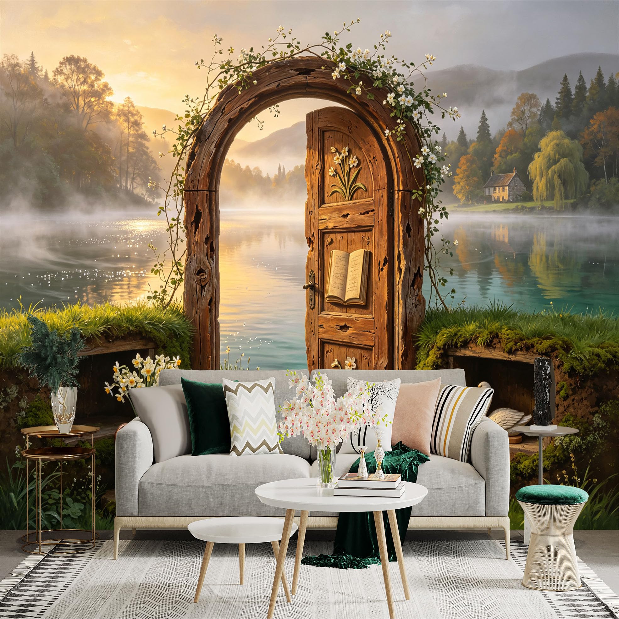 Custom Size Wall Sticker Mural， Rustic Wooden Door， Lakeside Sunrise， Floral Archway， Swan Cottage， for wall Decoration， peelandstick wall Decals.