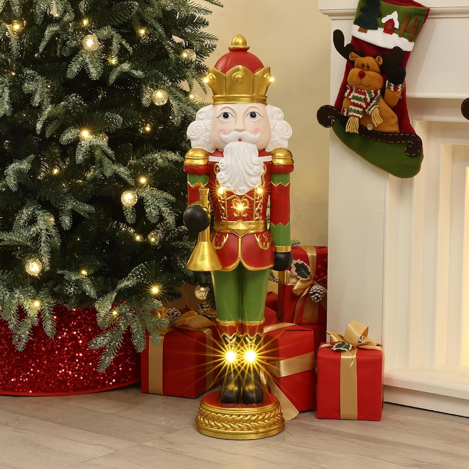 LuxenHome 3FT Tall Nutcracker Christmas Decoration, Colorful Lighted Holiday Nutcracker Soldier Statue with Trumpet, Christmas Decorations Indoor, Outdoor Figures for Front Porch, Red and Green