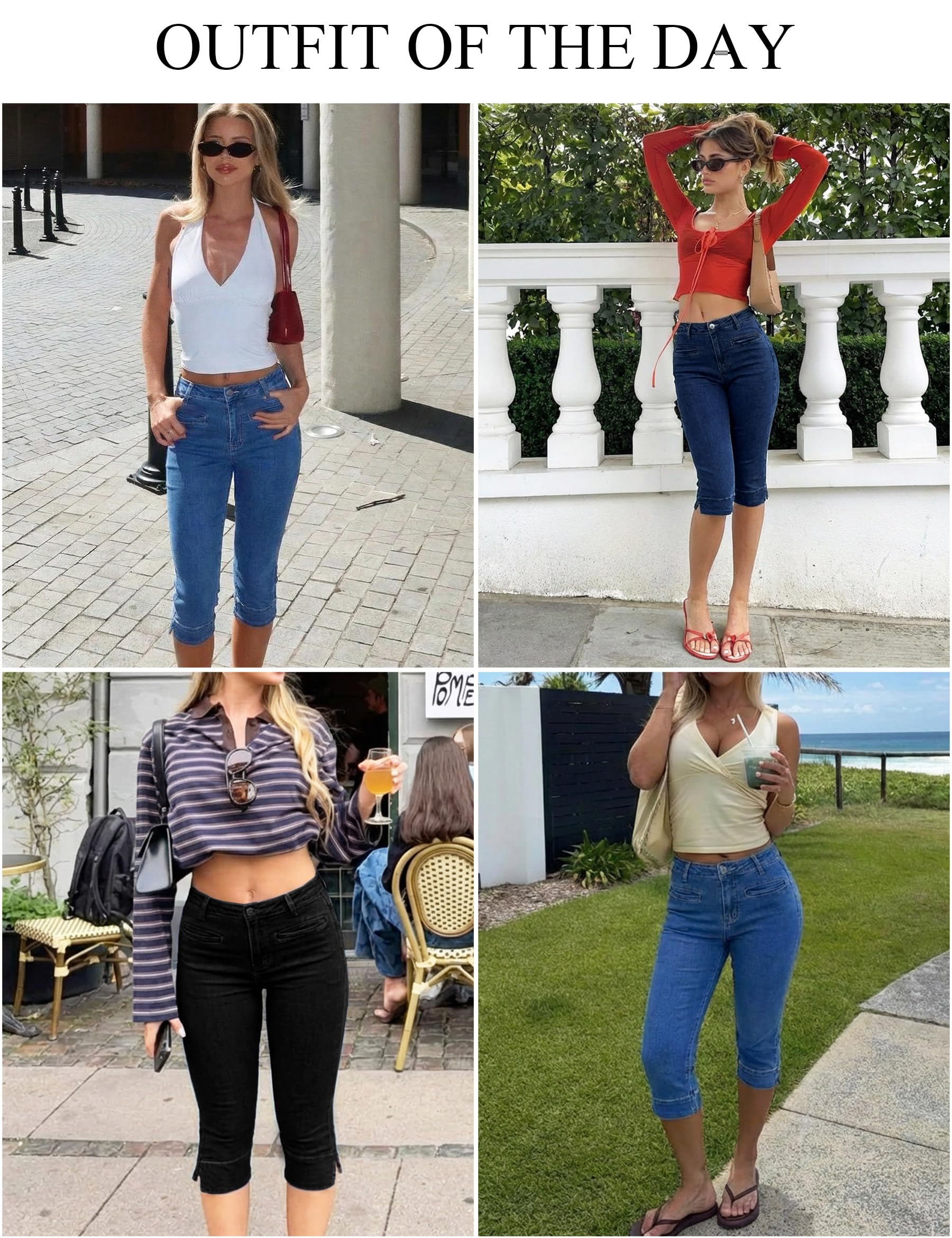 Fengbay Pantalones vaqueros Capri para mujer, elásticos, ajustados, cintura baja, tres cuartos, pantalones vaqueros con hendidura en el dobladillo, pantalones capri, informales, de verano, pantalones