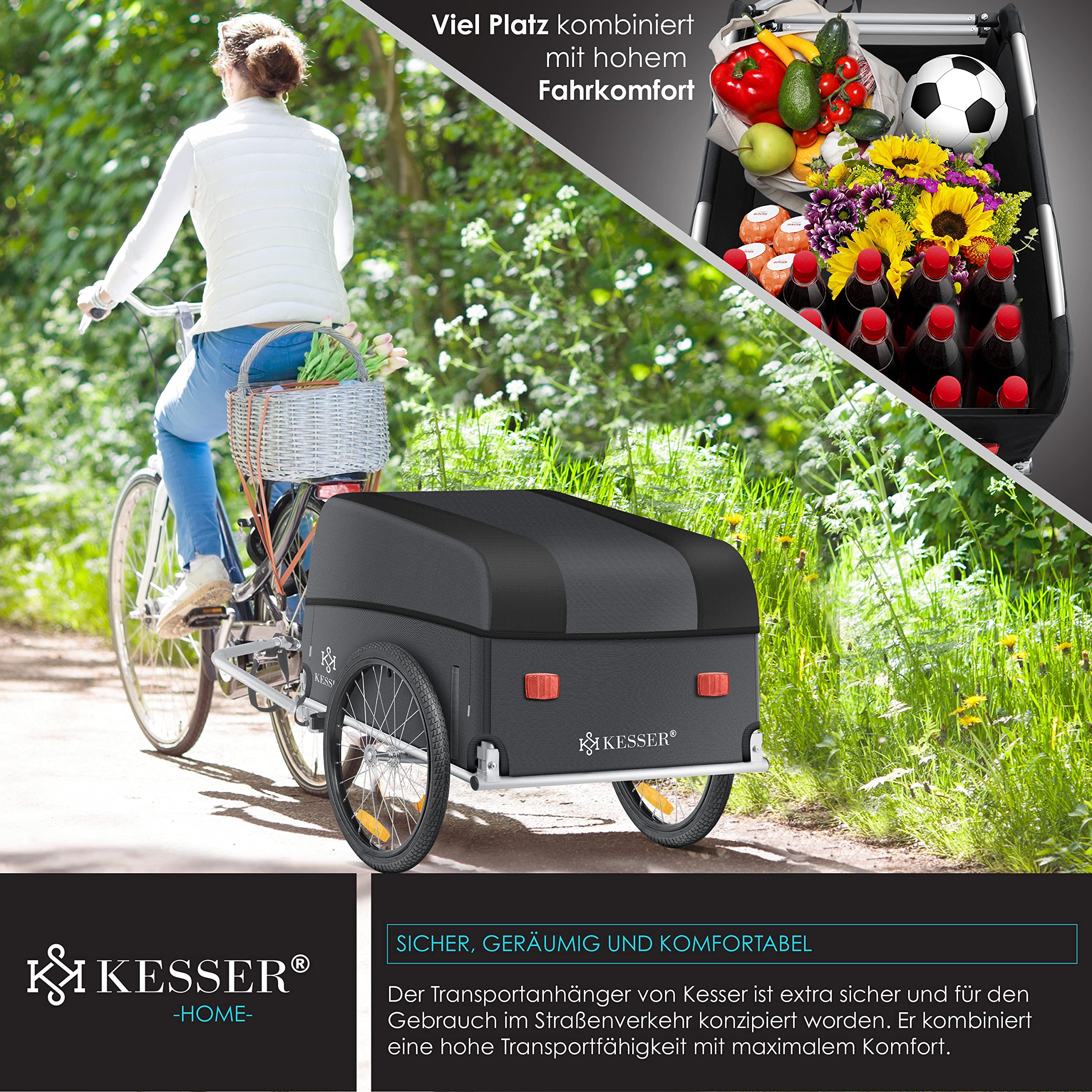 KESSER® Fahrradanhänger Lastenanhänger Transportanhänger Hochdeichsel mit Kupplung, Inkl. Abdeckung Klappfunktion Hochdeichsel Anhänge für Fahrrad Transportbox mit 120 Liter