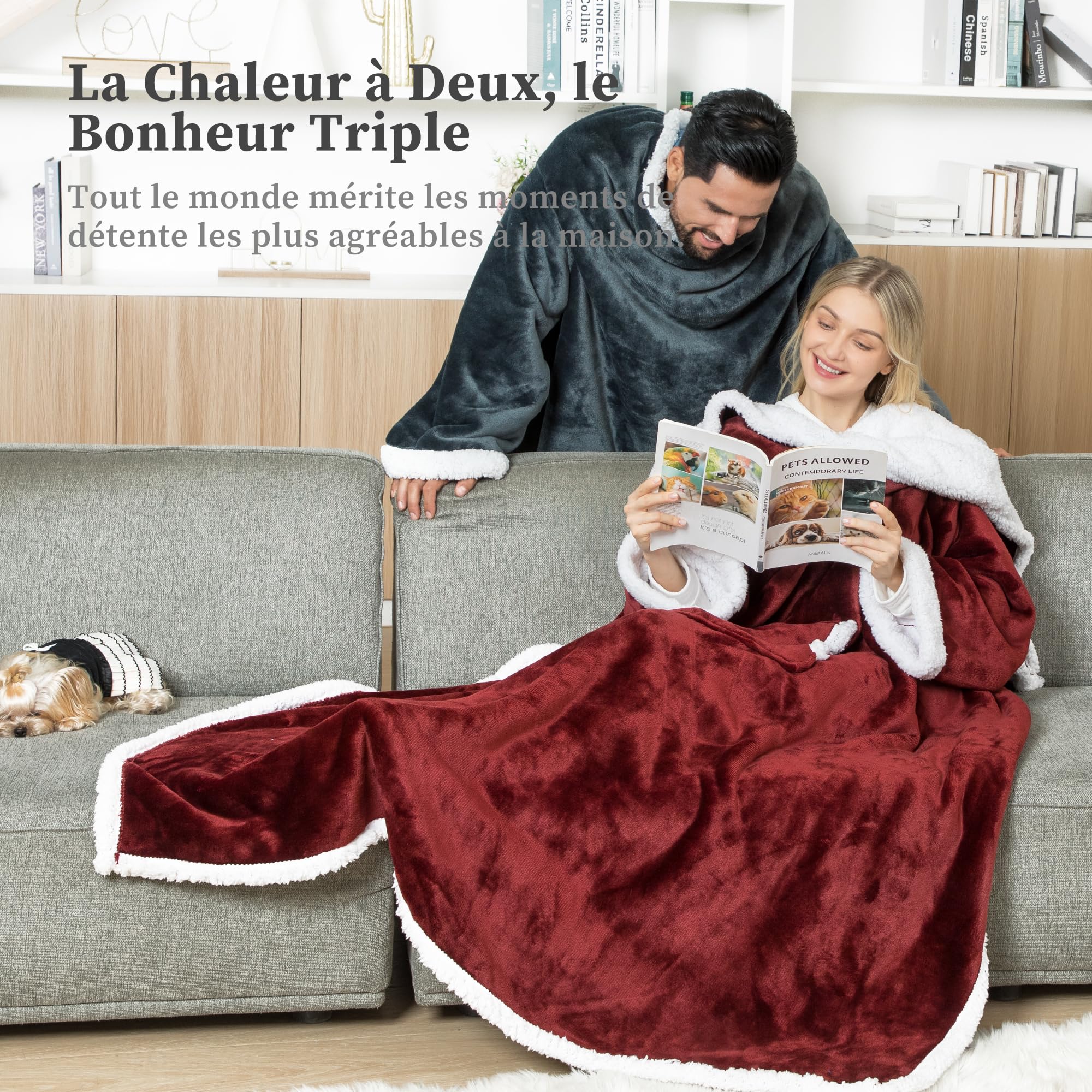 Winthome Couverture Polaire avec Manche et Sac de Pied, Couverture Chaude avec Velcro, Plaid Canape pour Cadeaux, Hiver, Plaid avec Manche, Économies de Coûts de Chauffage