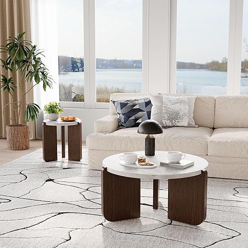 Miniatura 55 de COSIEST Mesa auxiliar redonda, mesa auxiliar de cristal con marco de madera, mesita de noche dorada champán con estilo moderno para sala de estar,