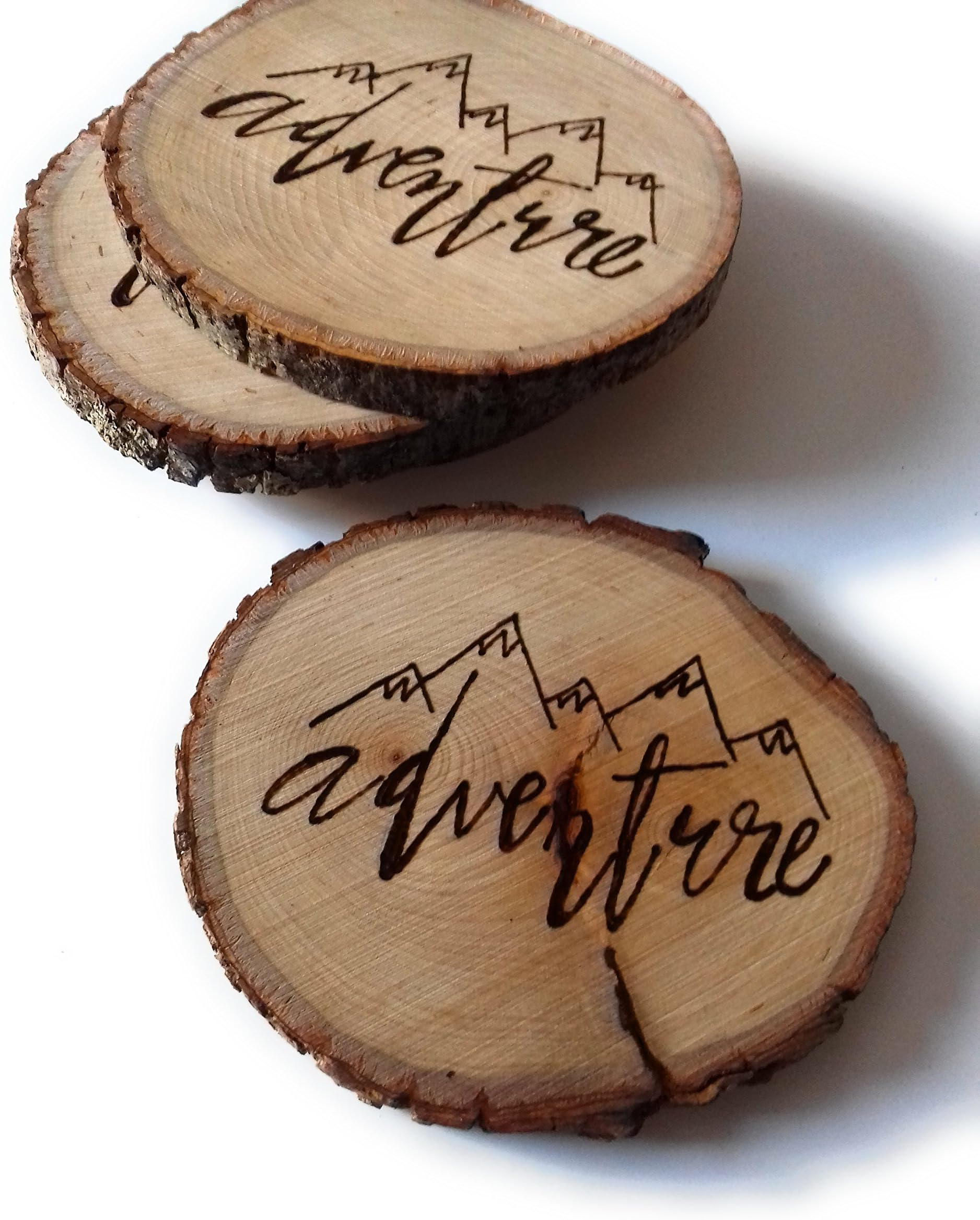 Adventure Wood Burned Tree Slice Coasters