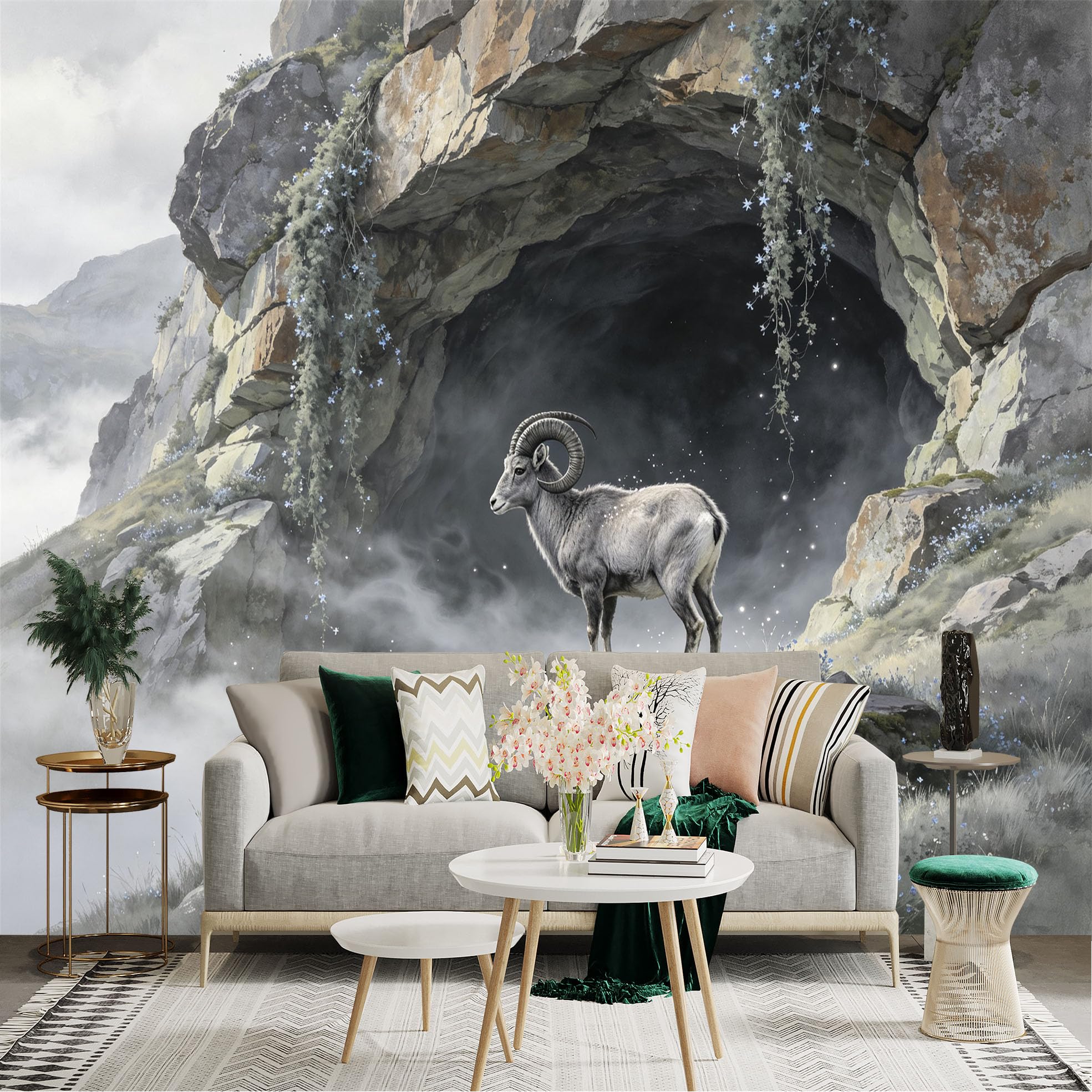 Lnzczhyre Bh260719203 Custom Size Wall Sticker Mural， Wild Mountain Goat， Mysterious Rocky Cave， Ethereal Misty Landscape， For Wall Decoration， Peelandstick Wall Decals.