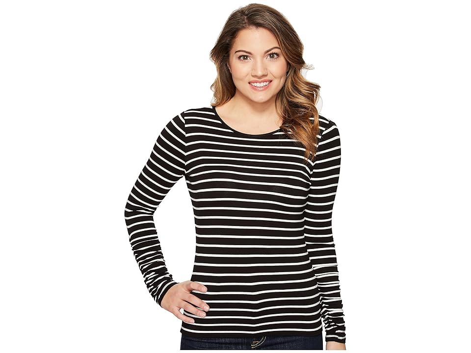 

Vince Camuto Specialty Size Petite Ruched Long Sleeve Linear Step Stripe Top (Rich Black) Women's Clothing