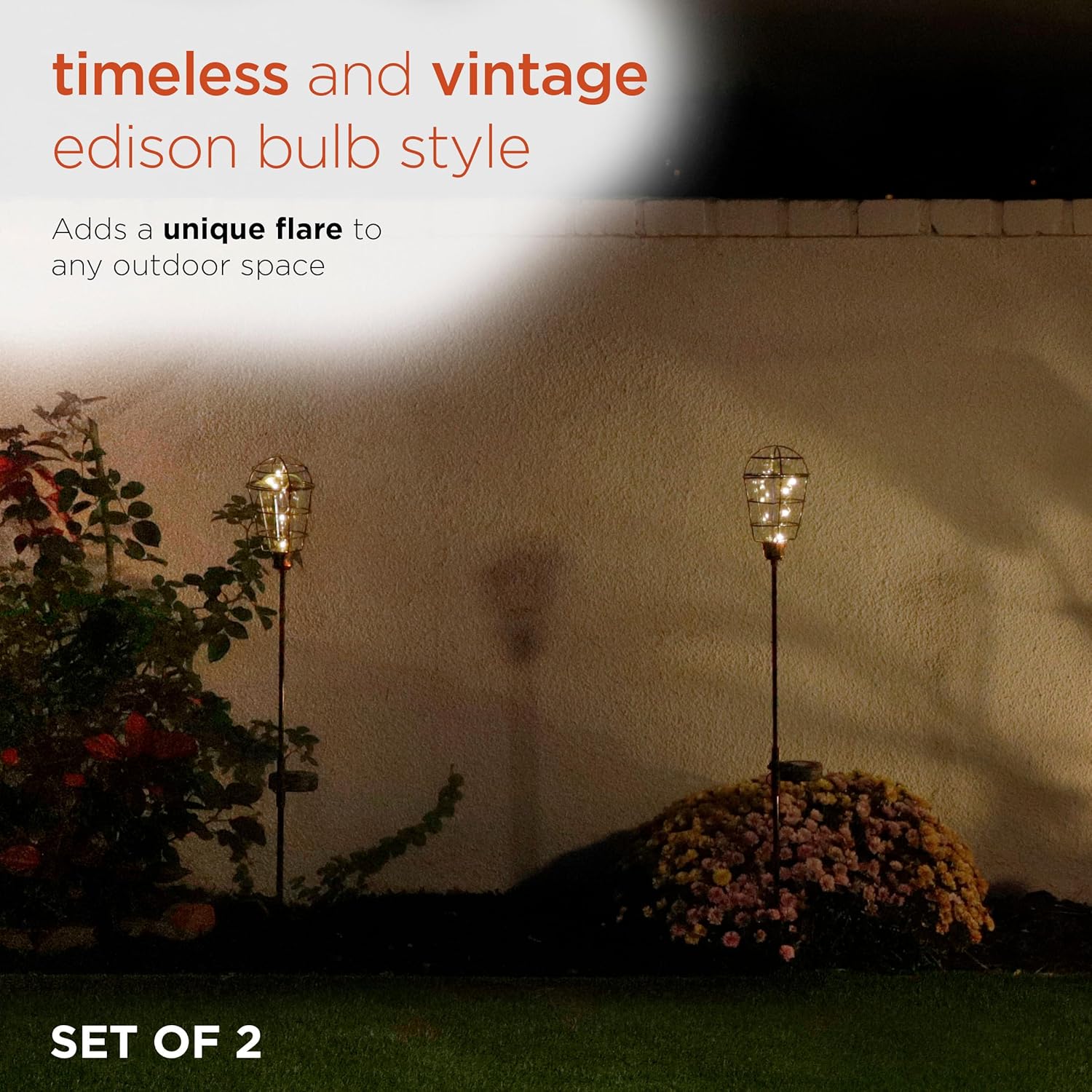 Alpine Corporation 34" Tall Outdoor Solar Powered Edison Bulb Garden LED Stake - Set of 2