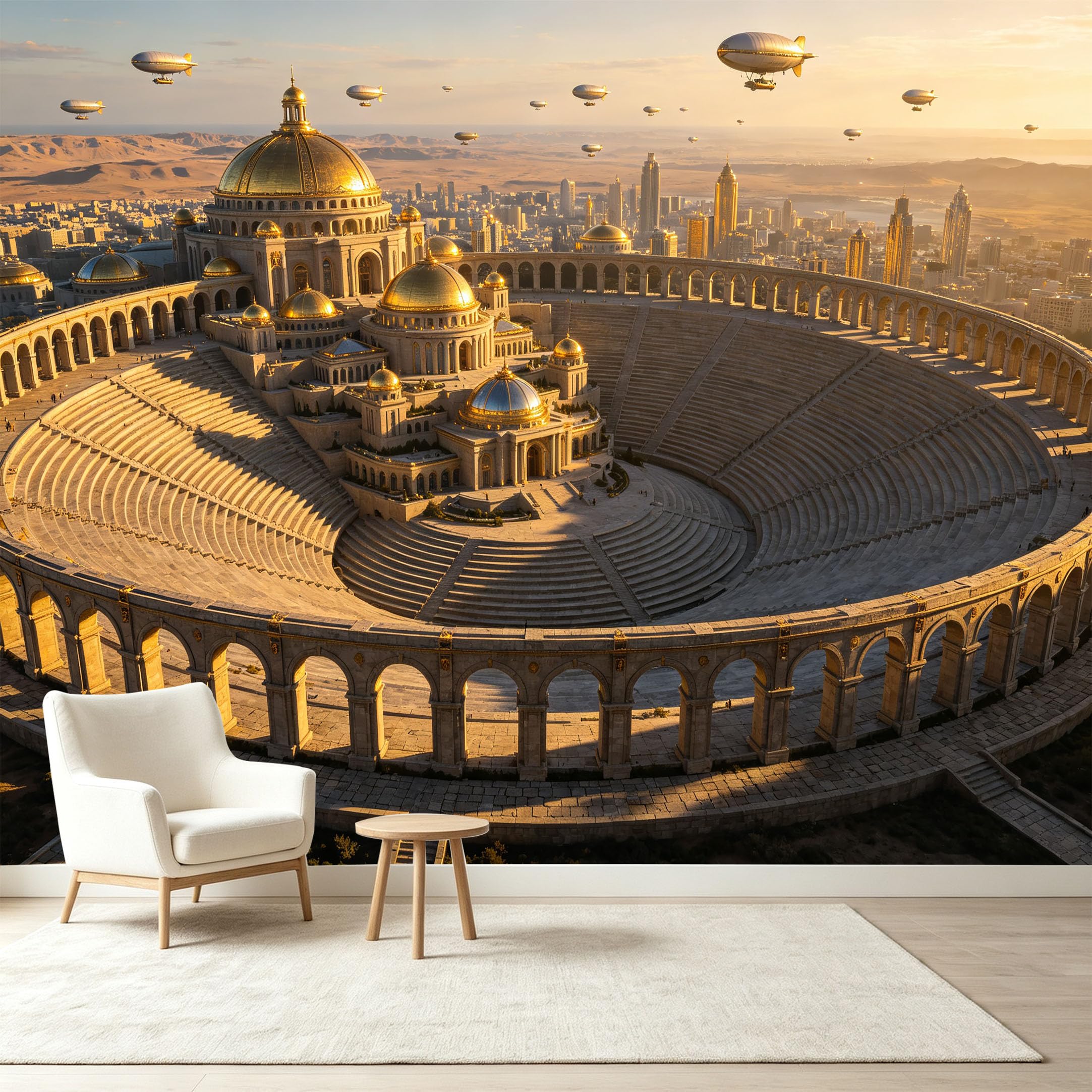 Custom Size Wall Murals Neoclassical Golden Palace Airships Sunset Cityscape Self-Adhesive Wall Fabric Removable Wallpaper Wall Decor for Living Room Bedroom Bathroom