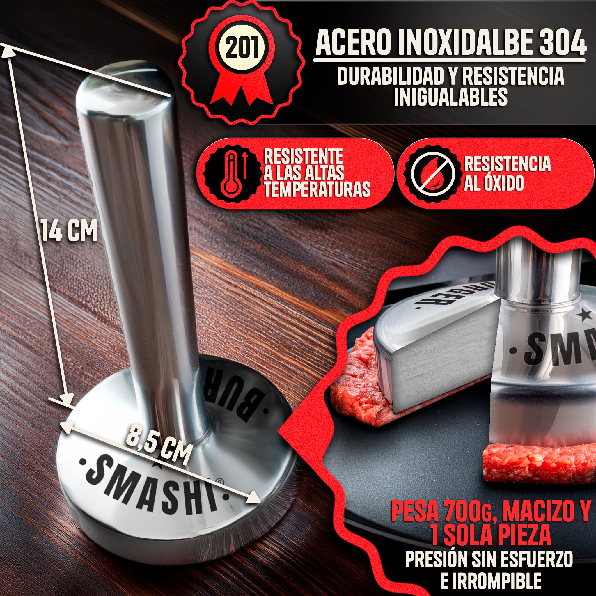 SMASHI Smasher młotek 700 g - 304 ze stali nierdzewnej do hamburgerów, profesjonalna prasa do hamburgerów do Smash Burger | Precyzyjny zestaw Smash Burger