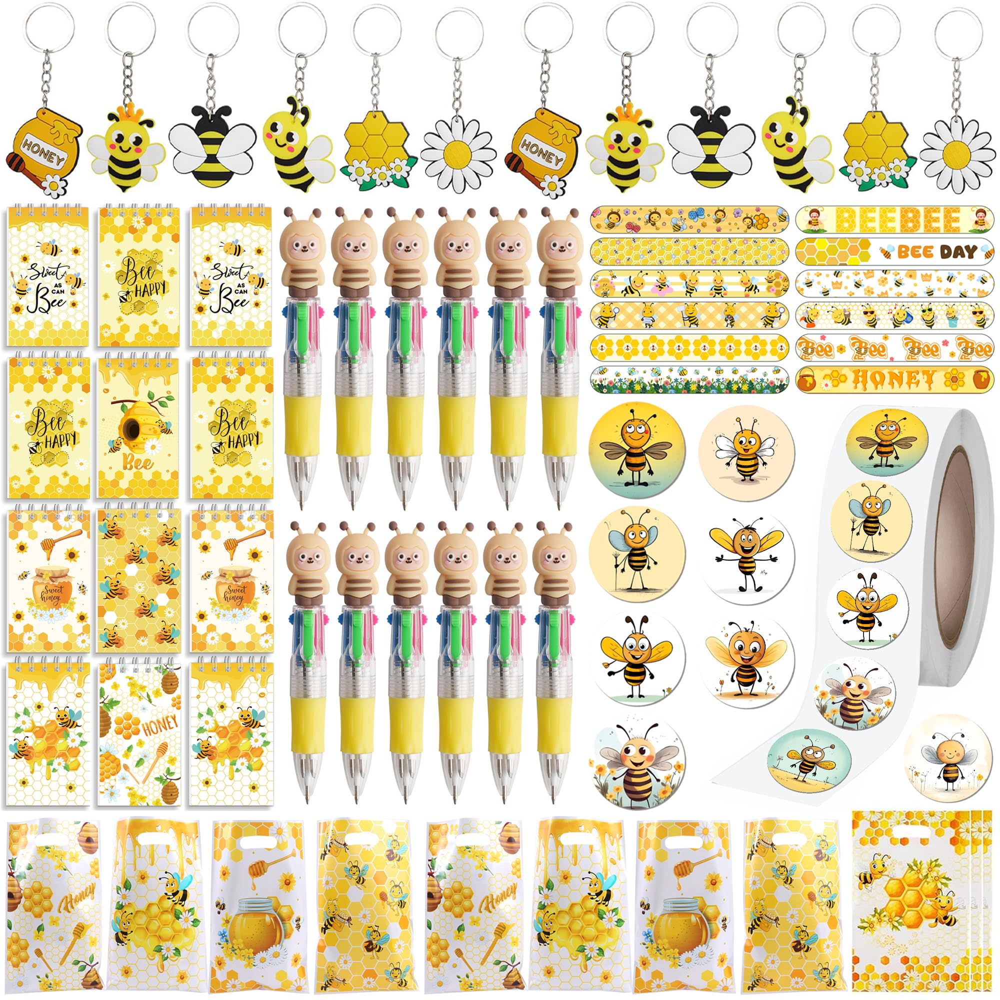 Anprola Bee Party Gift Set with Mini Notepads Ballpoint Pens Keychains Slap Bracelets Stickers and Gift Bags for Bee Themed Birthday Party Supplies Decorations Rewards 12 Guests