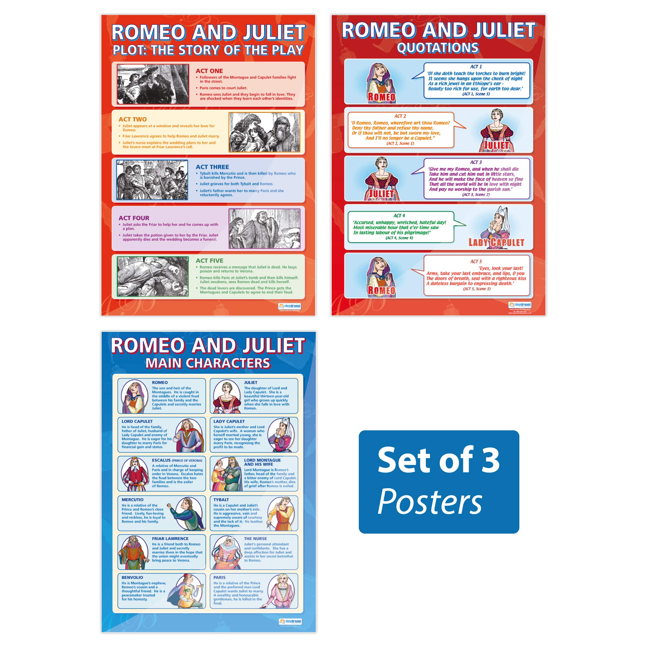 Daydream Education Romeo & Juliet Posters - Set of 3 - Gloss Paper - 33" x 23.5" - English Literacy School and Classroom Posters