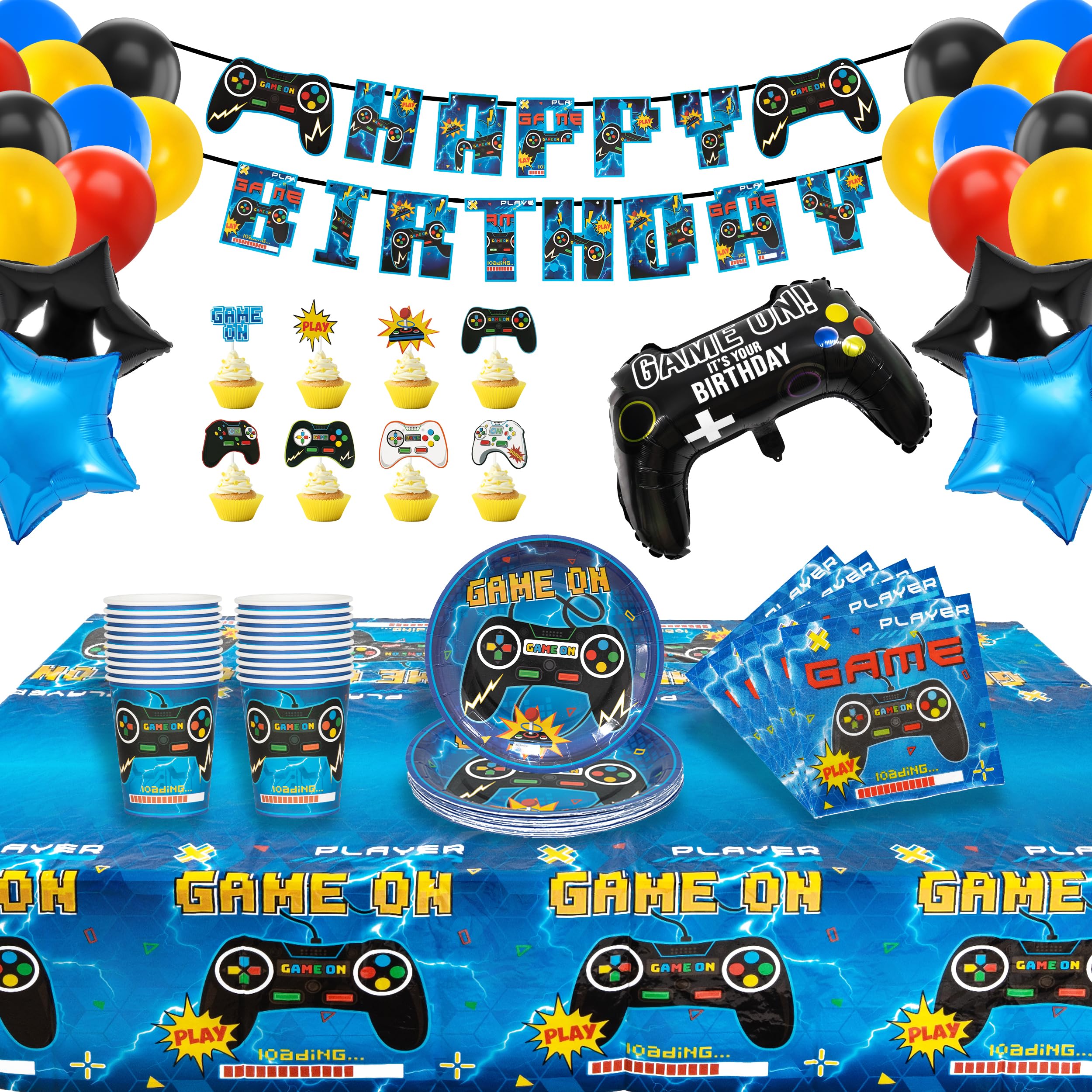 Set Decorazioni Compleanno Bambini 107 Pezzi | Tema Blu Con Striscioni, Palloncini E Tatuaggi - 3