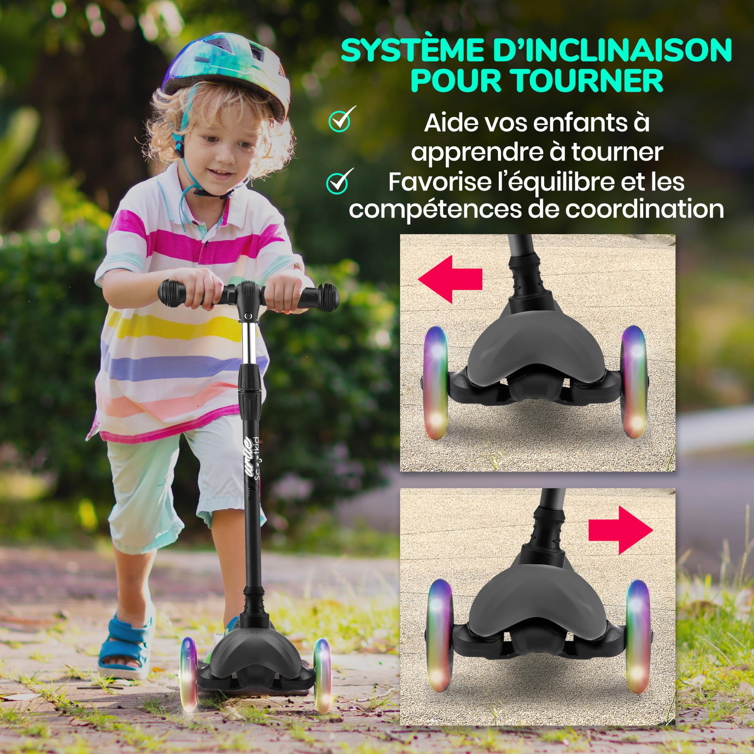 Hurtle Trottinette Enfant et Tout-Petit – Trottinette Tricycle de Qualité avec Plateau Stable et Roues à LED Lumineuses