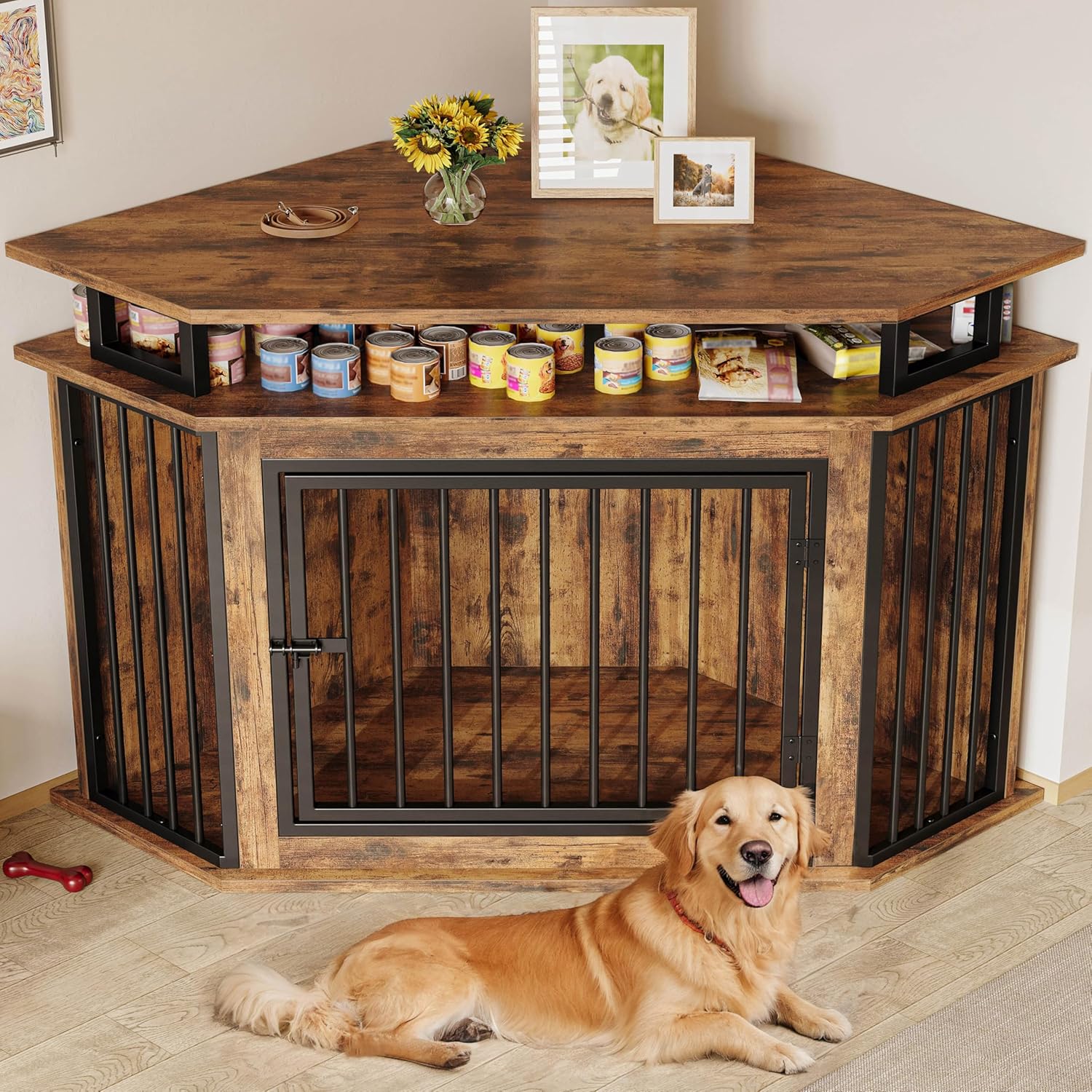 IRONCK 51″ Corner Wooden Dog Crate Furniture with 2-Tier Shelves, Pet Kennel for Large Dogs, Space-Saving Dog Cage for TV Stand, Rustic Brown (26.7″ L x 51.2″ W x 33.5″ H)
