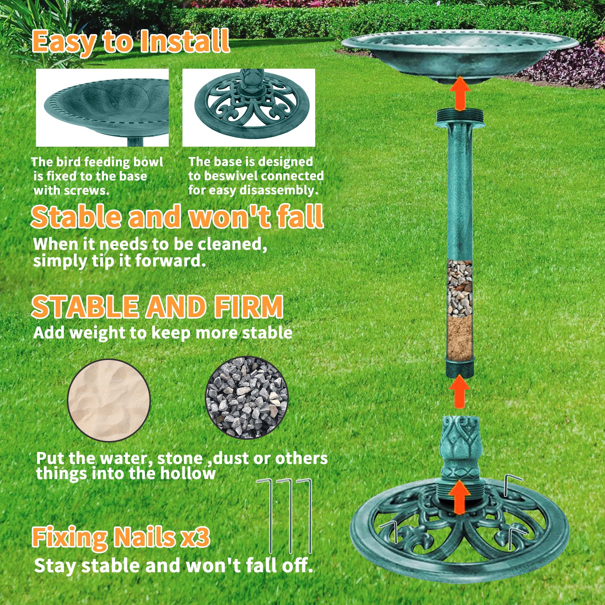 Bain d'oiseaux Vertical avec Fontaine Solaire, Distributeur de Nourriture pour Oiseaux Sauvages, 2 en 1, sur Pied, Style Vintage, pour Extérieur, Jardins et Pelouses (Vert)