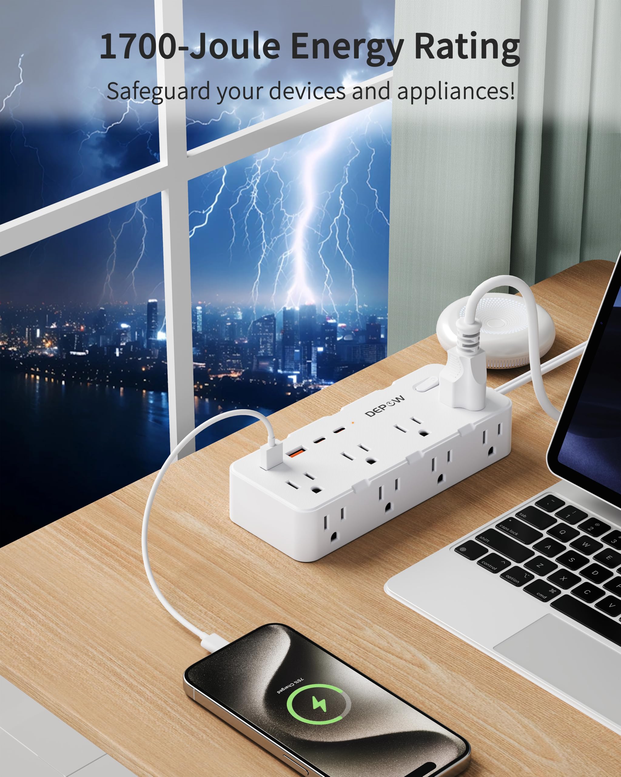DEPOW - Tira de alimentación de 2 clavijas, cable de extensión de 10 pies, adaptador de salida de 2 a 3 clavijas con 8 puertos CA y 4 puertos USB (2 USB C), protector de sobretensión de dos clavijas