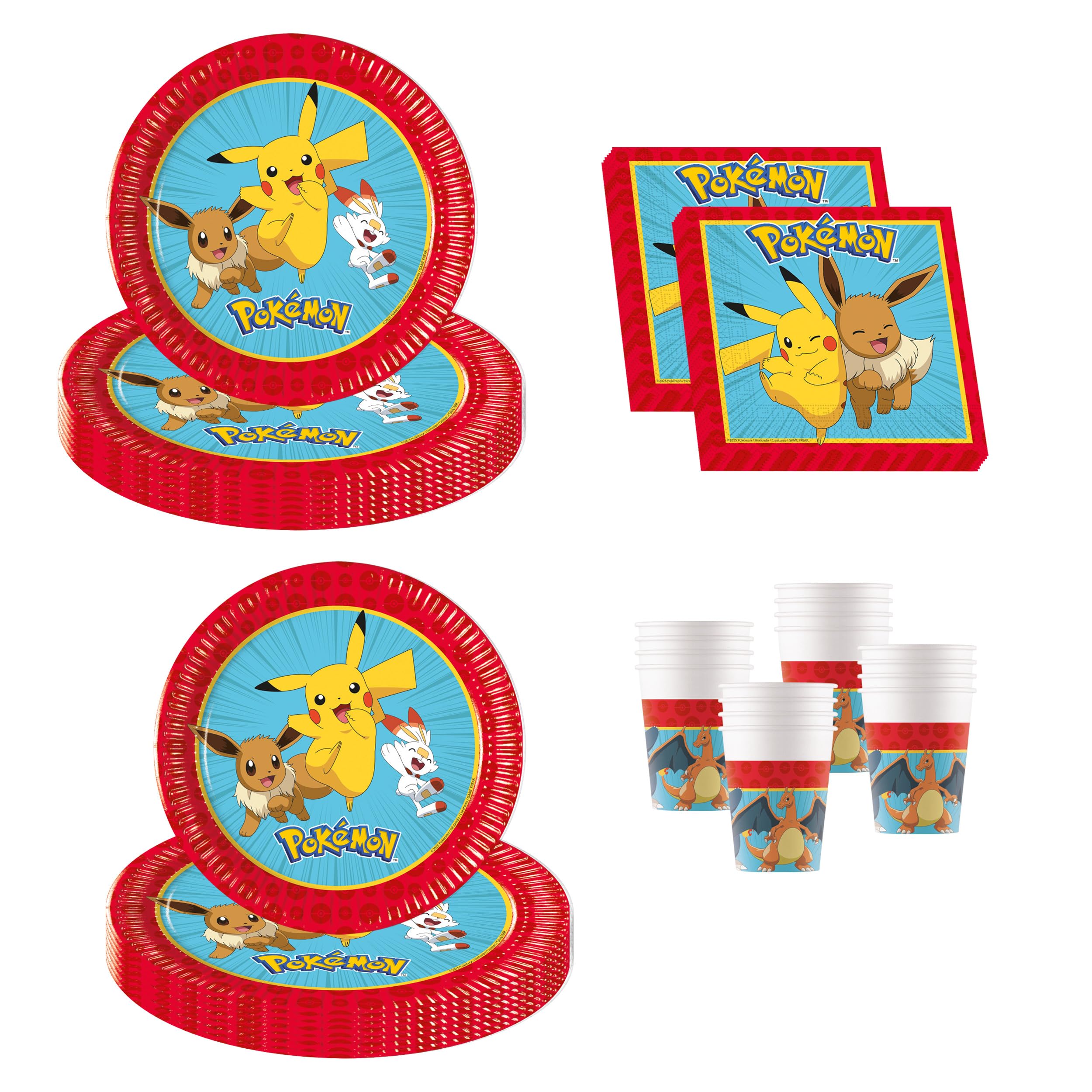Procos - Pokemon Birthday Decorations - 52 Pieces Paper Plates, Cups and Napkins for Kids Birthday Party Supplies
