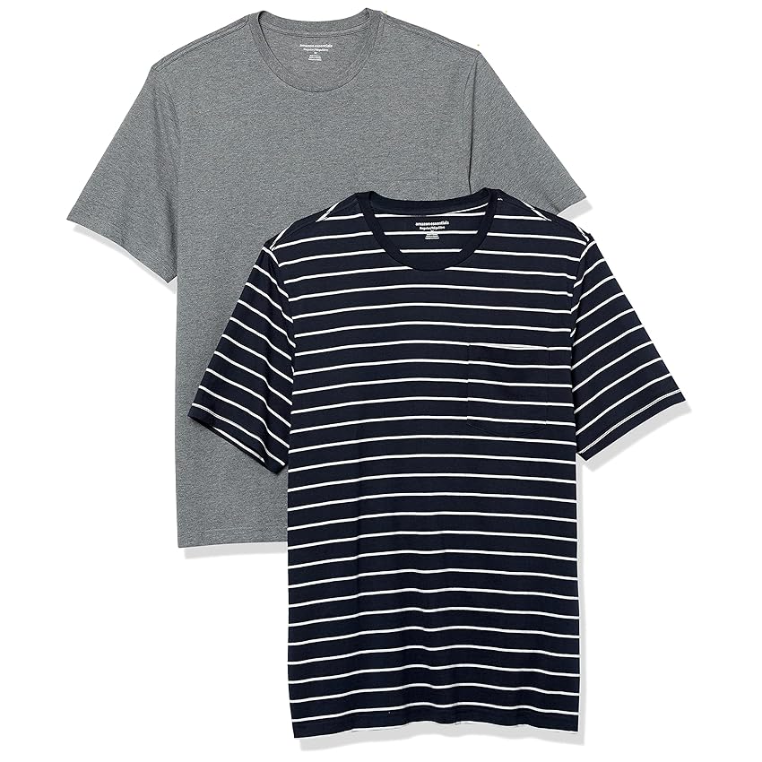Immagine del prodotto Amazon Essentials Maglietta Girocollo a Maniche Corte con Taschino Uomo, Pacco da 2, Blu Marino Righe/Grigio Puntinato, M