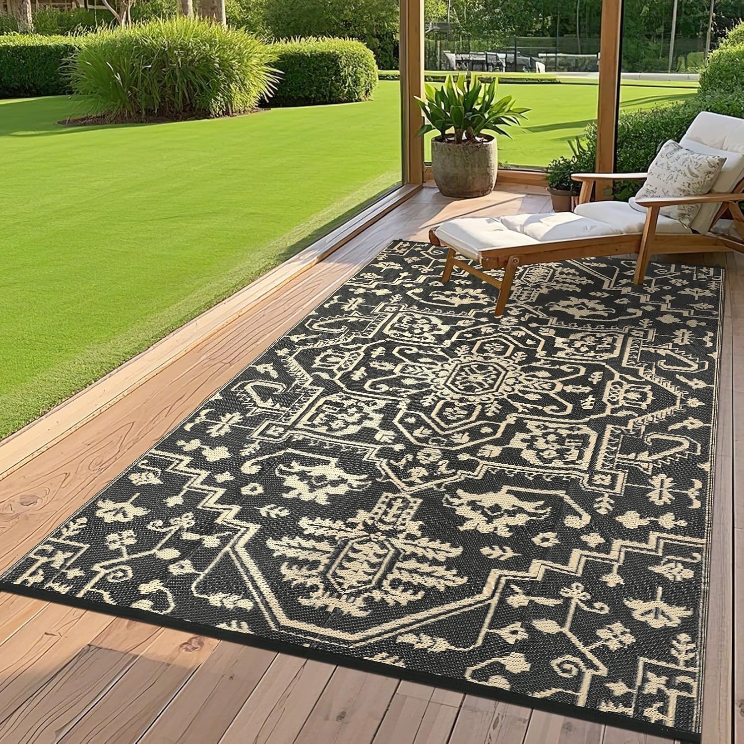GarveeHome 9x12 Outdoor Rugs Vintage Medal Reversible Plastic Straw Rug UV Resistant Non Shedding Camping Carpet Fold Portable Outside Carpet Mat for RV Porch Backyard Balcony Pool Side, Black Brown