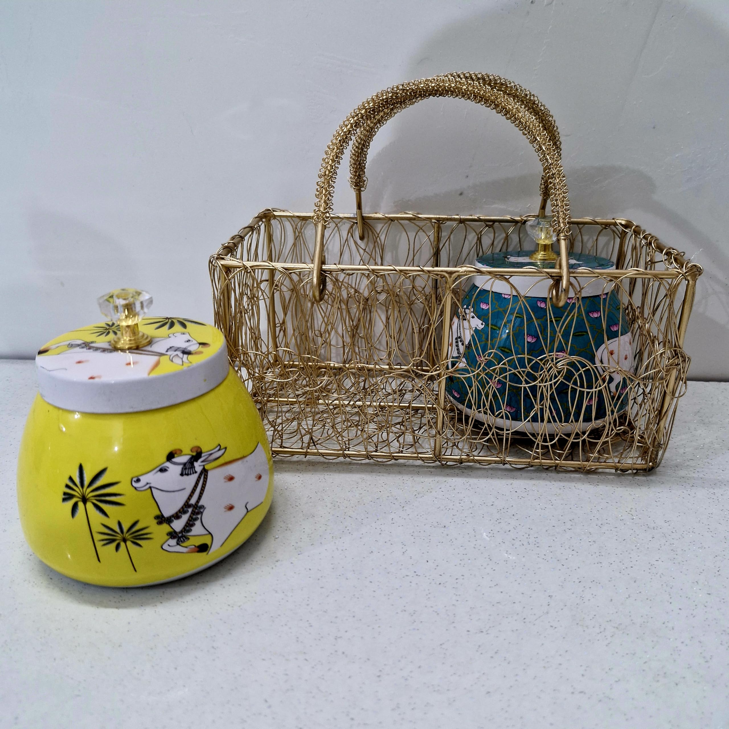 pichwai Container jar Box Meenakari Design Return Gift set with wire mesh basket (B0D6SV1G6Z) Amazon Price History, Amazon Price Tracker