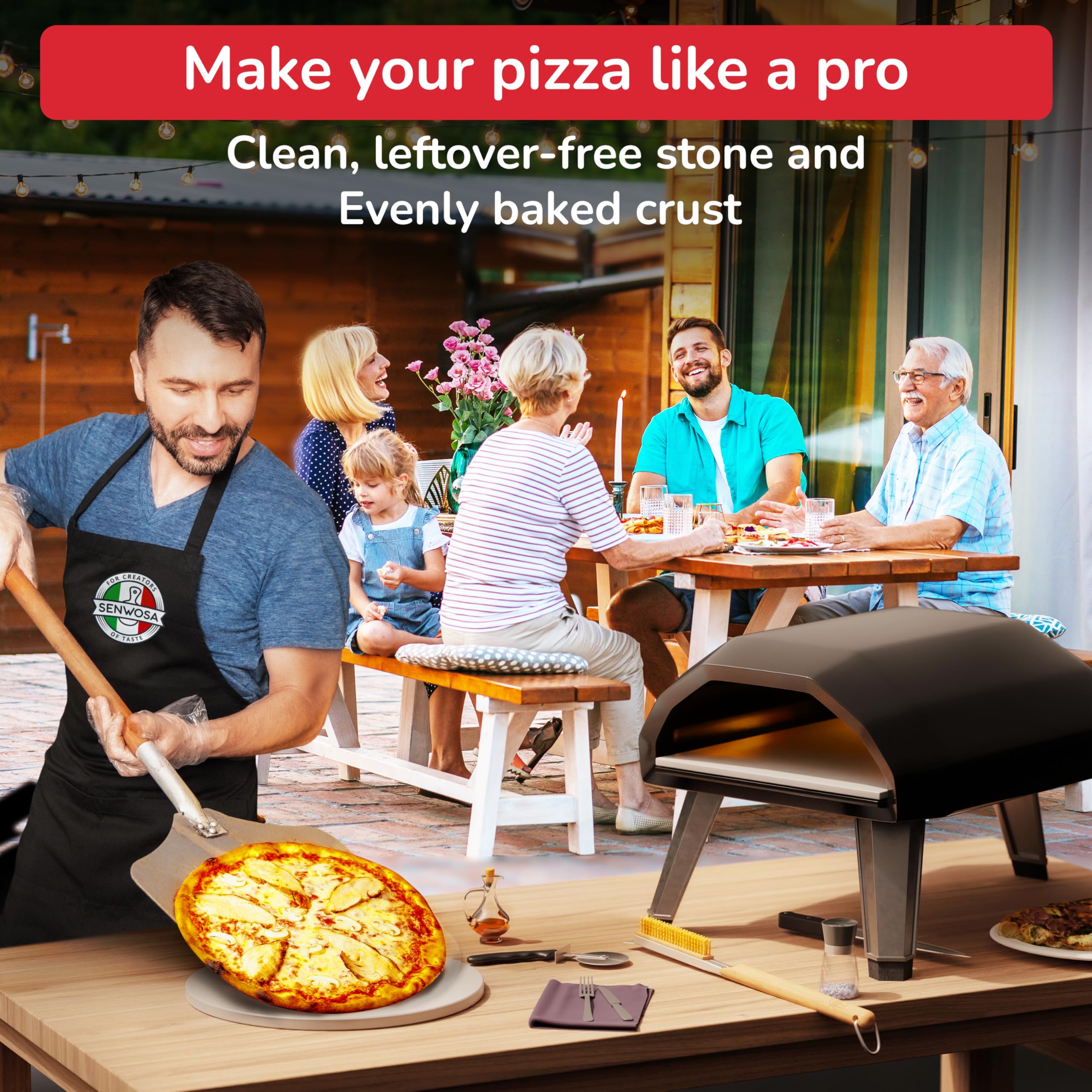 Senwosa Cepillo para Horno de Pizza de 22 Pulgadas con raspador de Piedra, cerdas de Acero Inoxidable, Mango Largo, Resistente al Calor, Compatible con hornos de Pizza Ooni 12
