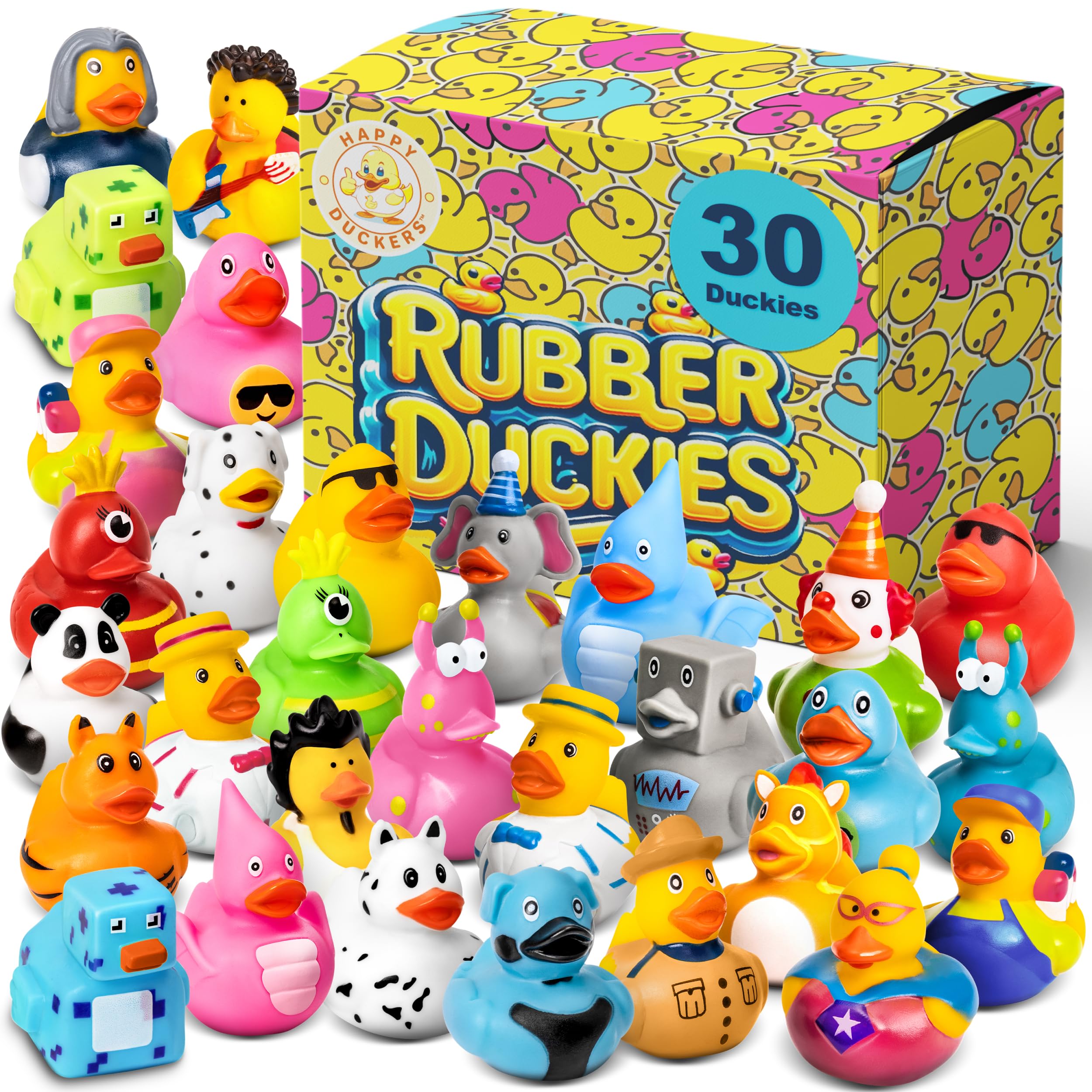 Rubber Ducks - 30 Piece Bulk Pack for Bath, Pool, Party, Cruise, Jeep Ducking, Decoration & More - Small Assorted Funny Toy Duckies with Gift Box