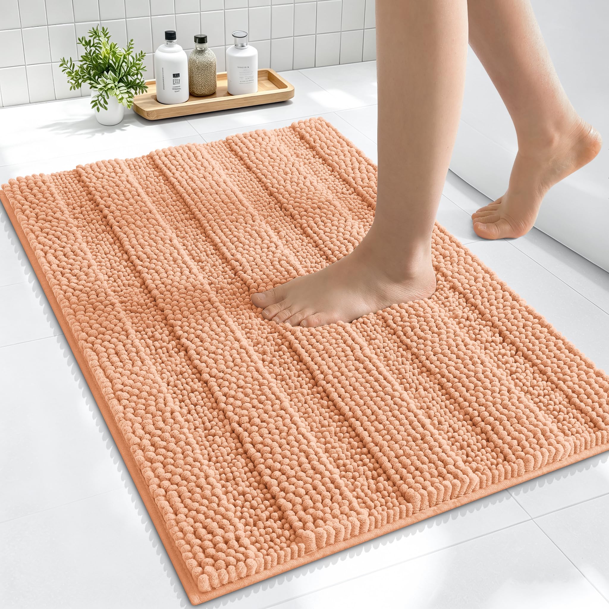 Smiry Thick Small Chenille Bathroom Rugs 24x16, Absorbent Bath Mat, Peach