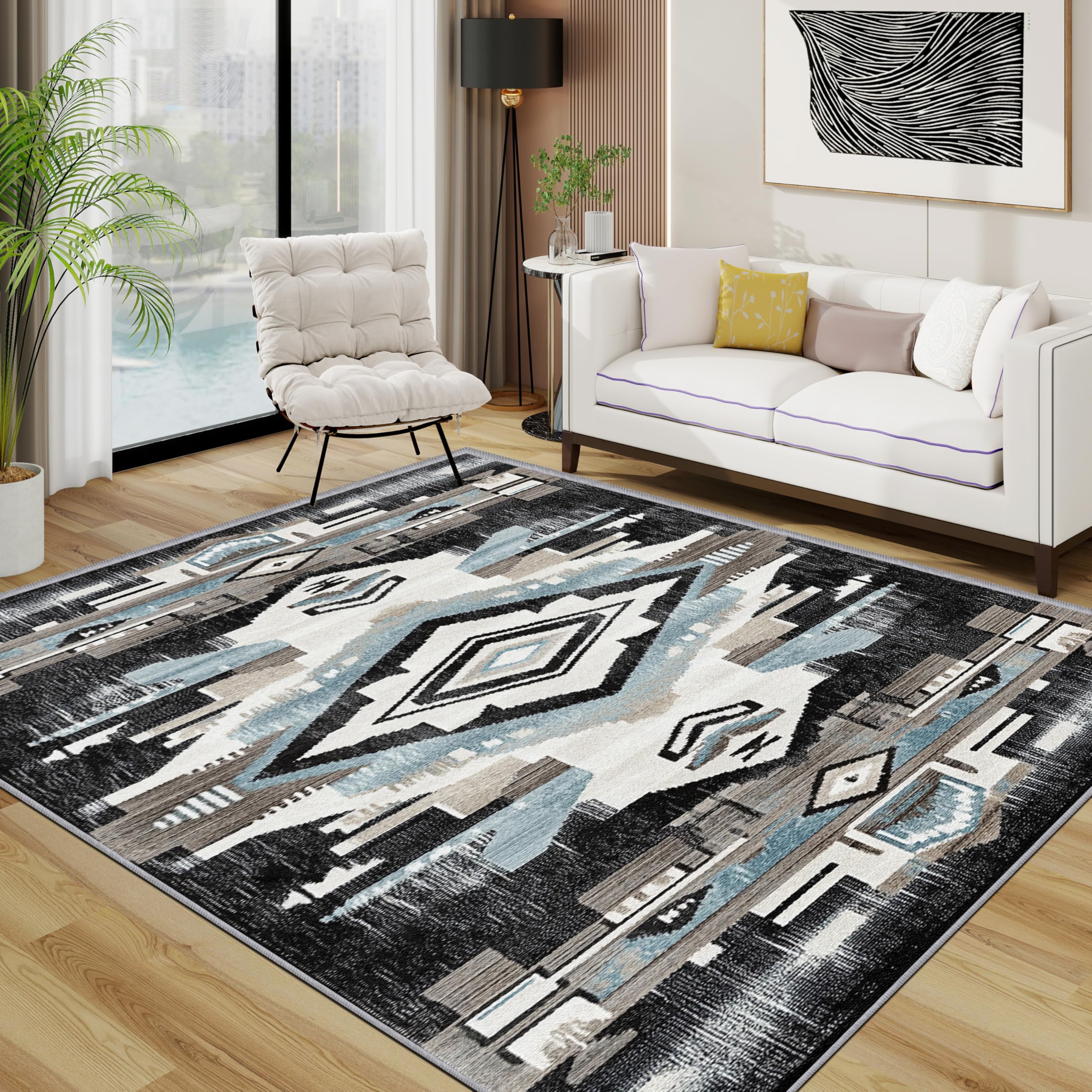 Aztec Area Rugs for Living Room 120x180 - Tribal Geometric Native American Rug for Bedroom, Ethnic Abstract Non Slip Washable Short Pile Carpet, Aztec House Decor