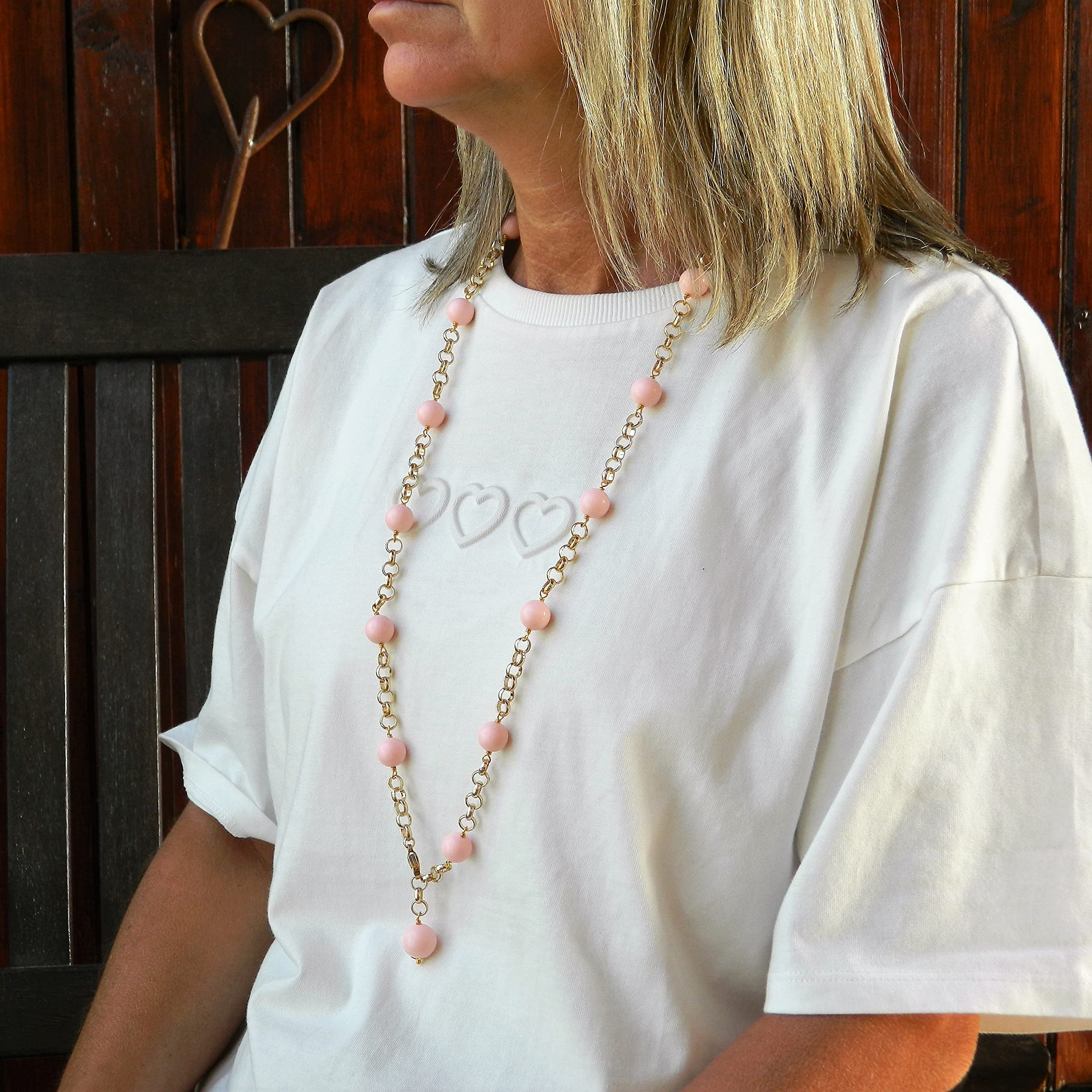 Collana Lunga Donna DodiGioielli Pasta di Corallo Rosa Chiaro 86 cm | Gioiello Artigianale, Made in Italy, Chiusura Dorata, Nickel Free